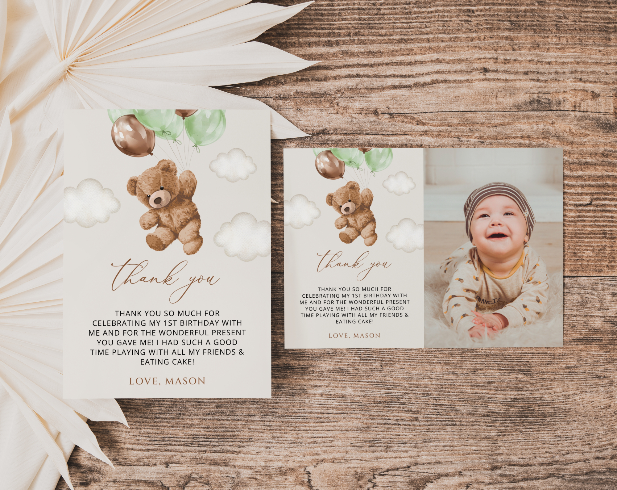 Teddy Bear with Green Balloons Thank You Card, First Birthday, Boy Birthday, Printable File, Edit Yourself, SH71