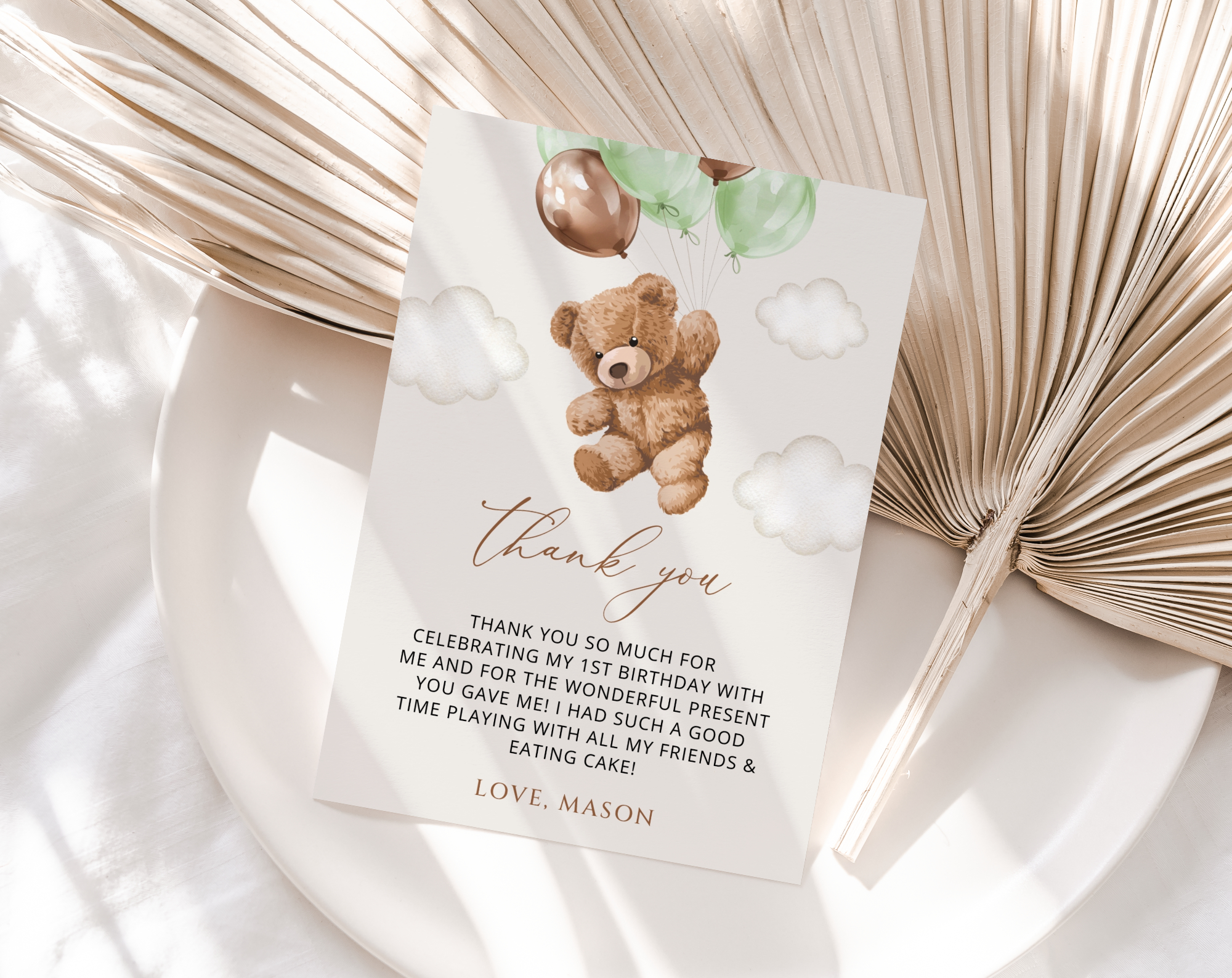 Teddy Bear with Green Balloons Thank You Card, First Birthday, Boy Birthday, Printable File, Edit Yourself, SH71 Teddy Bear with Green Balloons Thank You Card, First Birthday, Boy Birthday, Printable File, Edit Yourself, SH71