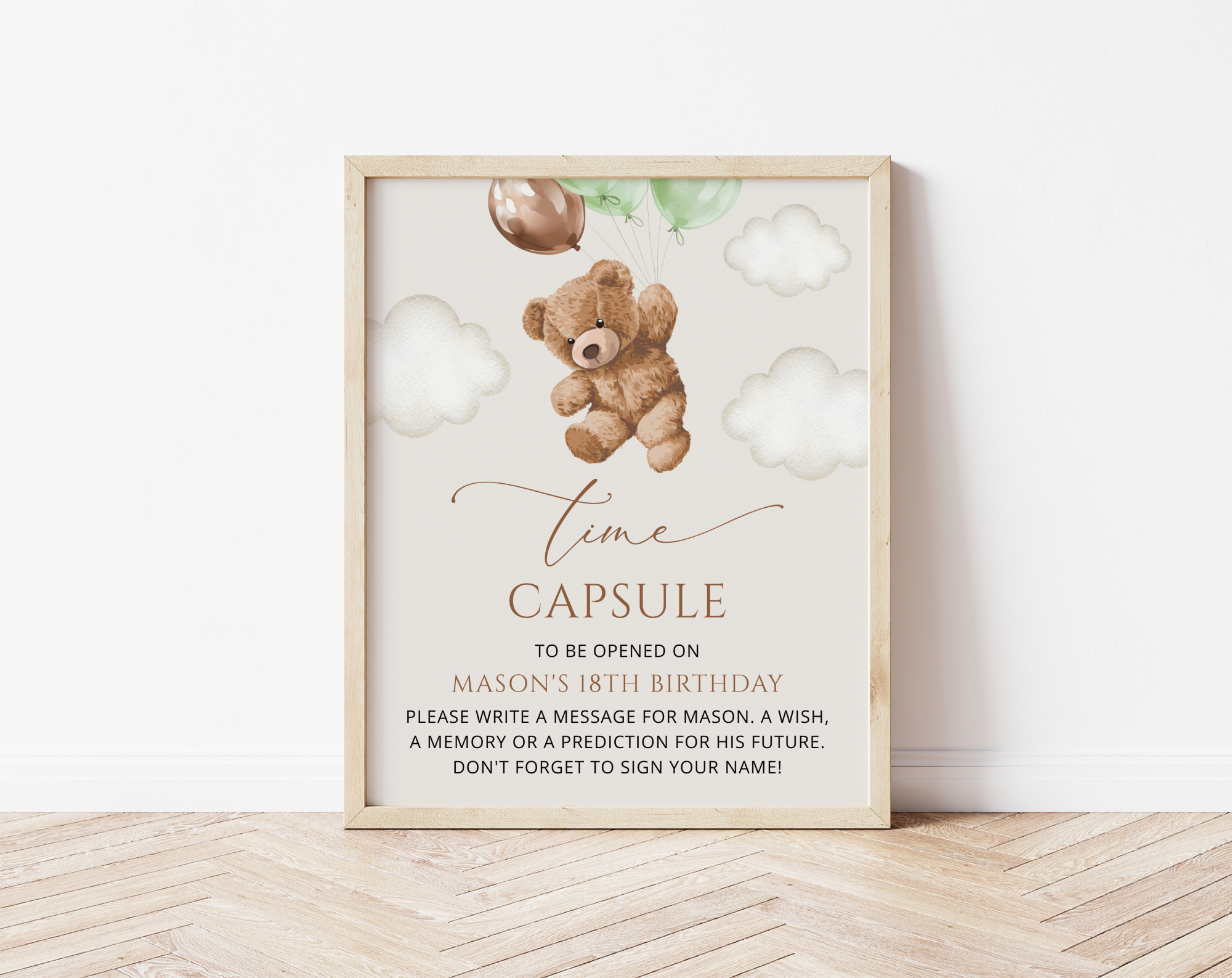 Teddy Bear with Green Balloons Time Capsule, First Birthday, Boy Birthday, Printable File, Edit Yourself, SH71 Teddy Bear with Green Balloons Time Capsule, First Birthday, Boy Birthday, Printable File, Edit Yourself, SH71