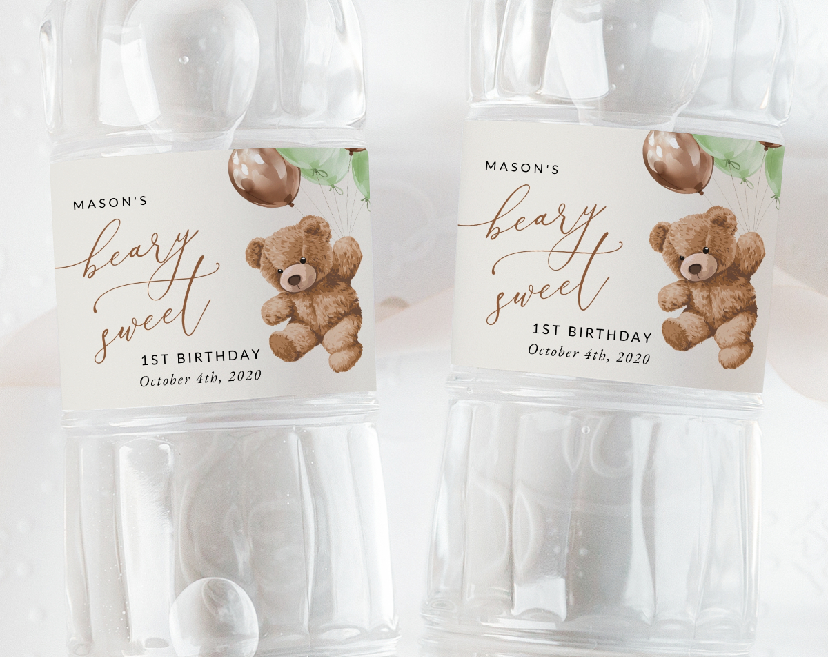 Teddy Bear with Green Balloons Water Bottle Labels, First Birthday, Boy Birthday, Printable File, Edit Yourself, SH71 Teddy Bear with Green Balloons Water Bottle Labels, First Birthday, Boy Birthday, Printable File, Edit Yourself, SH71