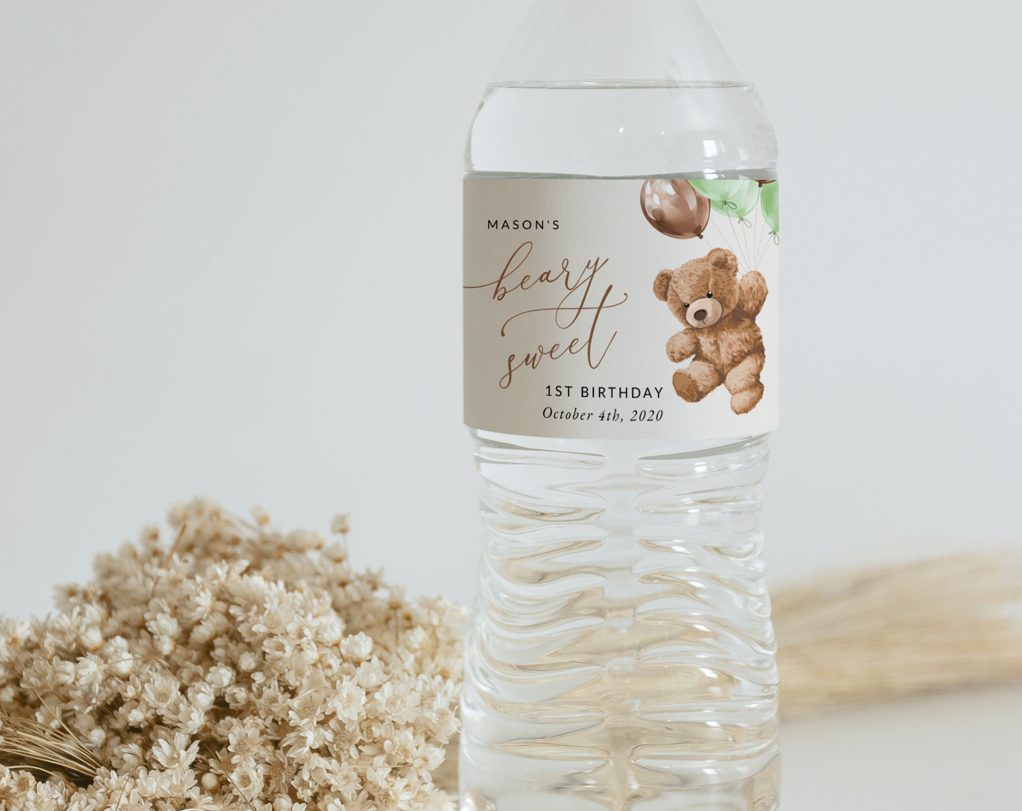 Teddy Bear with Green Balloons Water Bottle Labels, First Birthday, Boy Birthday, Printable File, Edit Yourself, SH71 Teddy Bear with Green Balloons Water Bottle Labels, First Birthday, Boy Birthday, Printable File, Edit Yourself, SH71