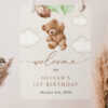 Teddy Bear with Green Balloons Welcome Sign, Birthday Sign, First Birthday, Boy Birthday, Printable File, Edit Yourself, SH71