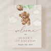 Teddy Bear with Green Balloons Welcome Sign, Birthday Sign, First Birthday, Boy Birthday, Printable File, Edit Yourself, SH71