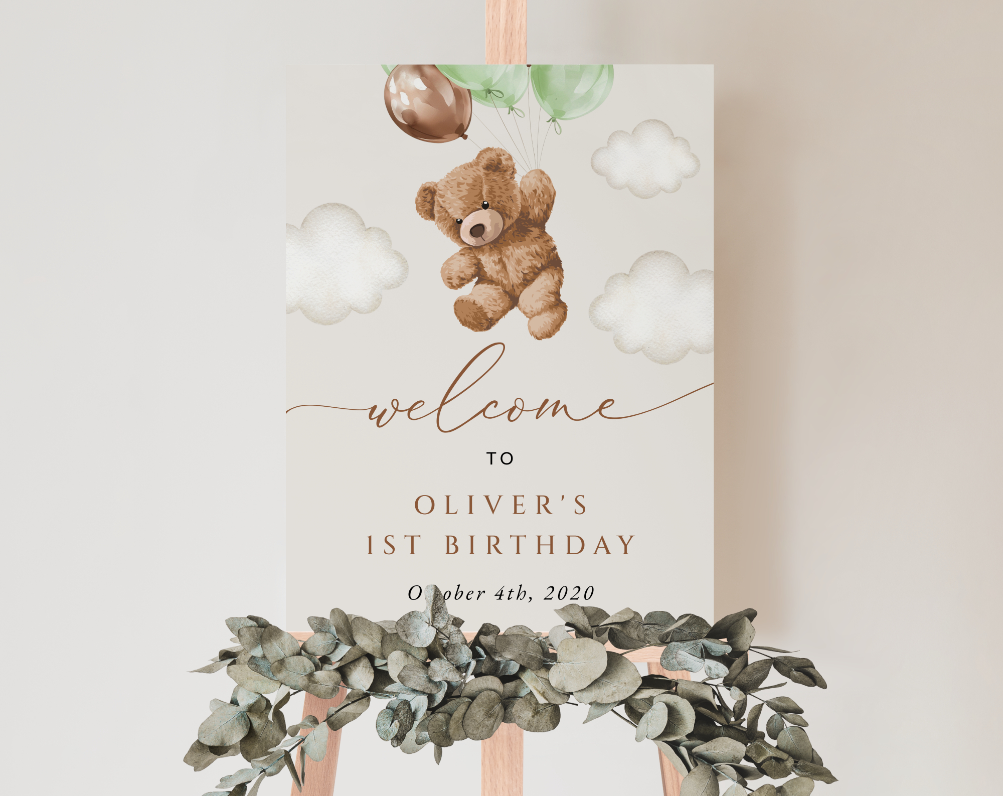 Teddy Bear with Green Balloons Welcome Sign, Birthday Sign, First Birthday, Boy Birthday, Printable File, Edit Yourself, SH71
