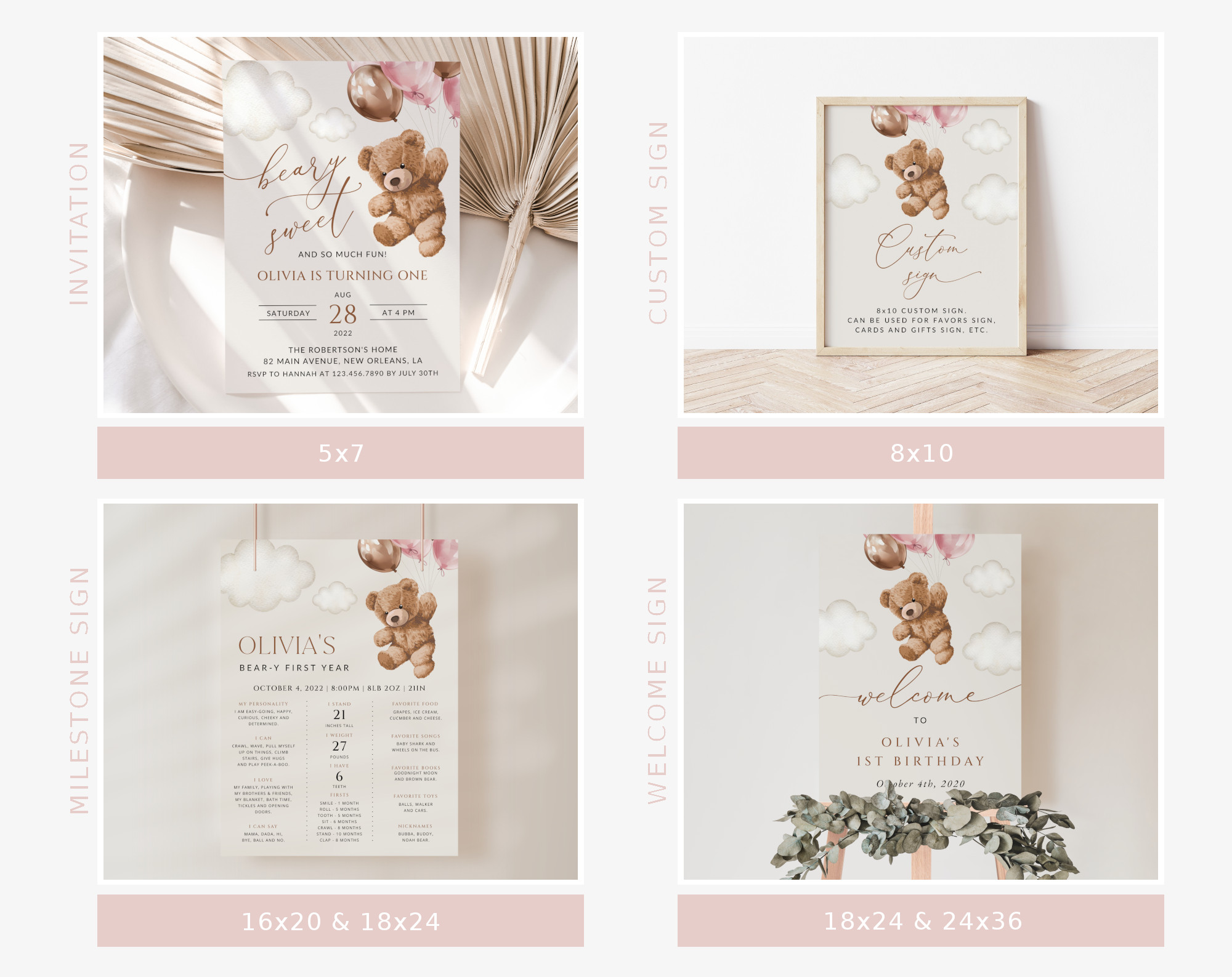 Teddy Bear with Pink Balloons First Birthday Bundle, Girl Birthday, Printable File, Edit Yourself, SH72 Teddy Bear with Pink Balloons First Birthday Bundle, Girl Birthday, Printable File, Edit Yourself, SH72