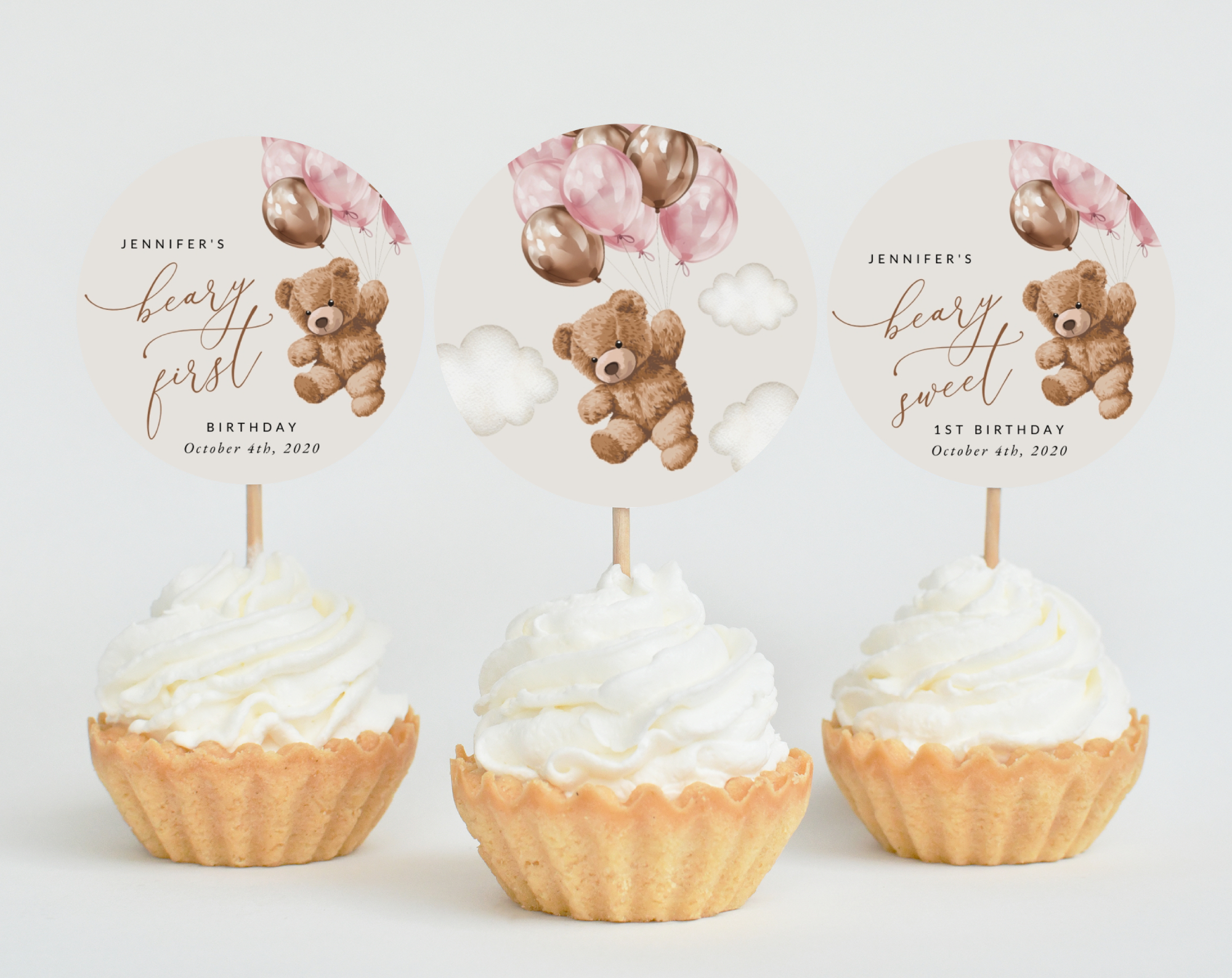 Teddy Bear with Pink Balloons Cupcake Toppers, First Birthday, Girl Birthday, Printable File, Edit Yourself, SH72 Teddy Bear with Pink Balloons Cupcake Toppers, First Birthday, Girl Birthday, Printable File, Edit Yourself, SH72