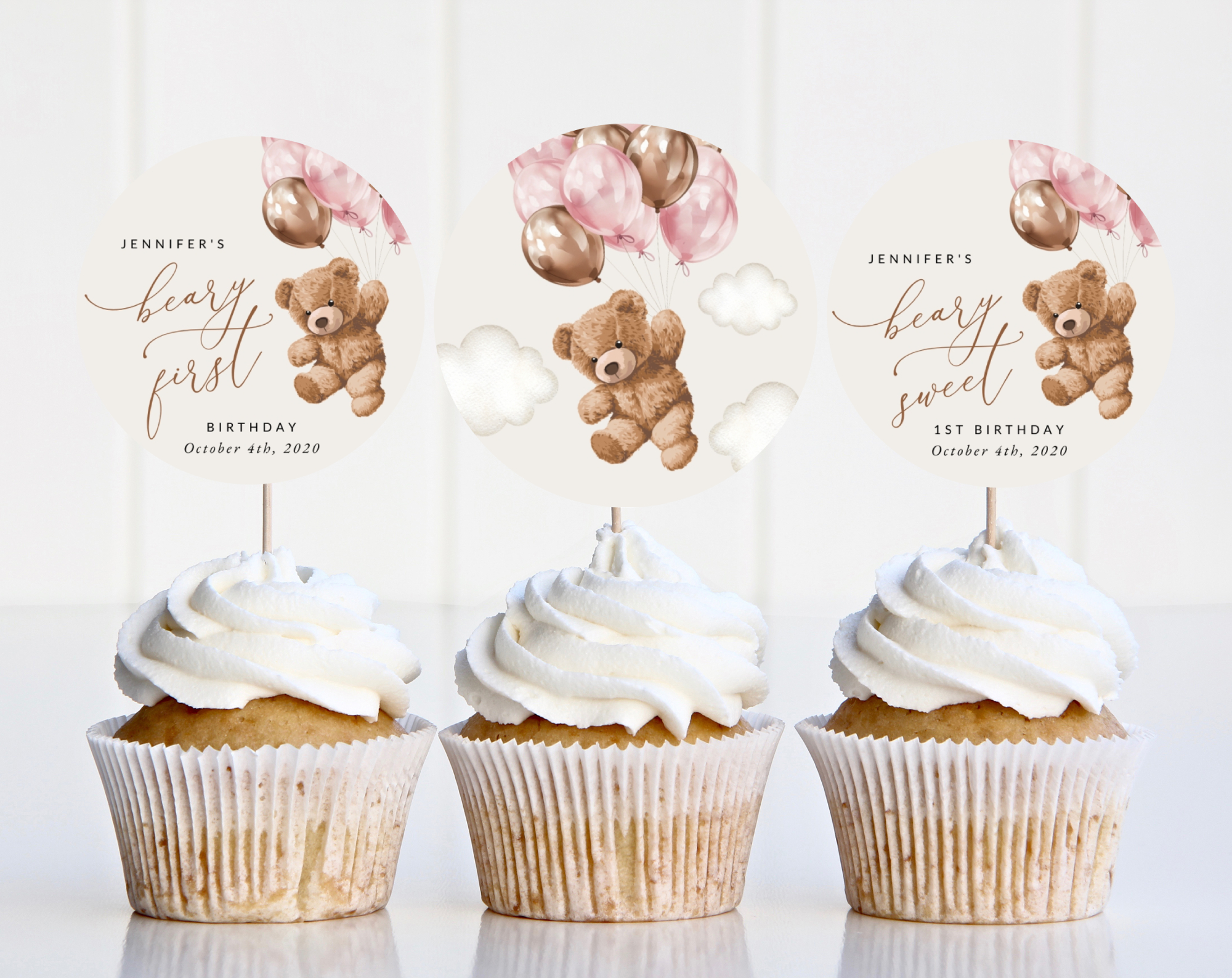 Teddy Bear with Pink Balloons Cupcake Toppers, First Birthday, Girl Birthday, Printable File, Edit Yourself, SH72