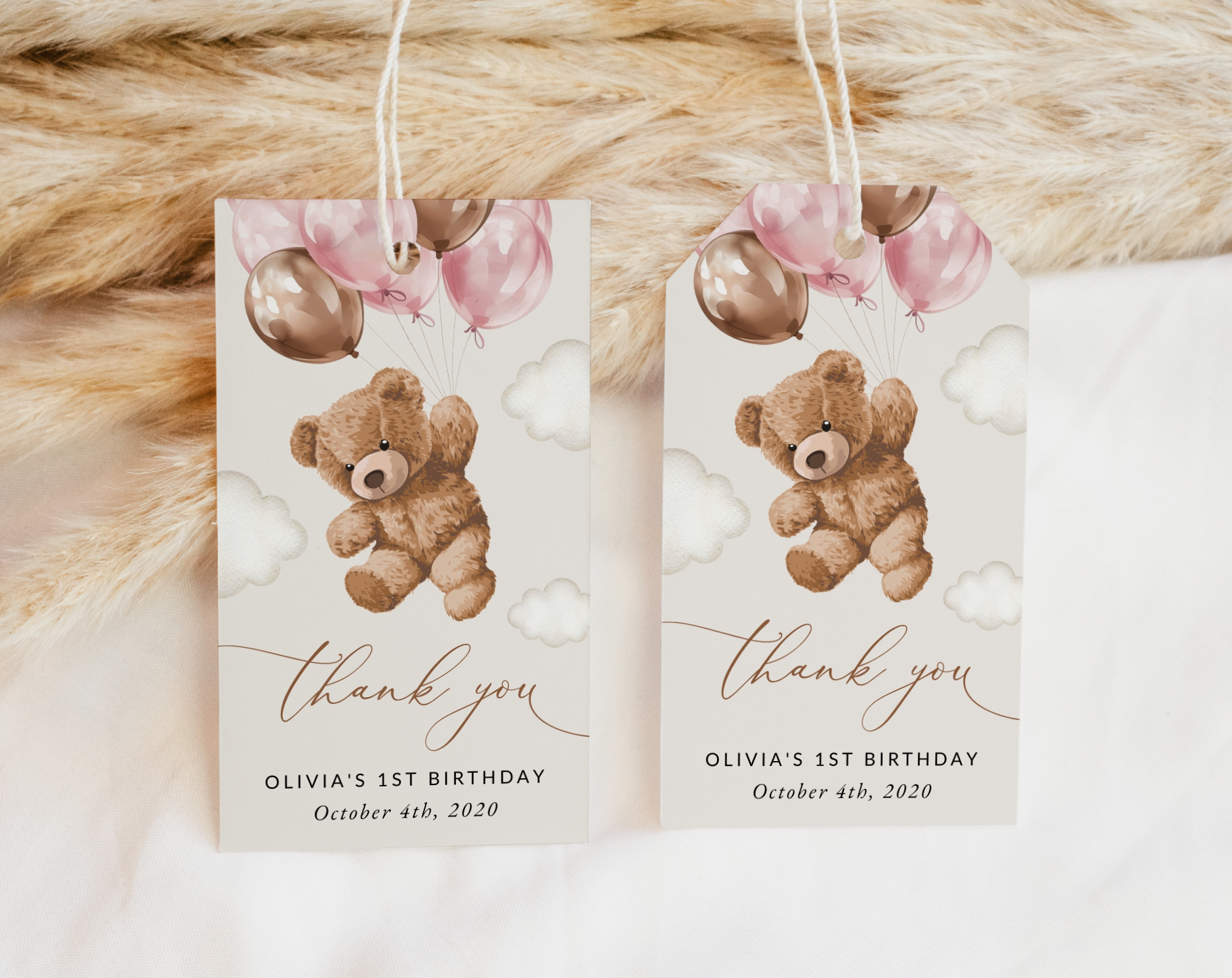 Teddy Bear with Pink Balloons Favor Tags, Gift Tags, First Birthday, Girl Birthday, Printable File, Edit Yourself, SH72 Teddy Bear with Pink Balloons Favor Tags, Gift Tags, First Birthday, Girl Birthday, Printable File, Edit Yourself, SH72