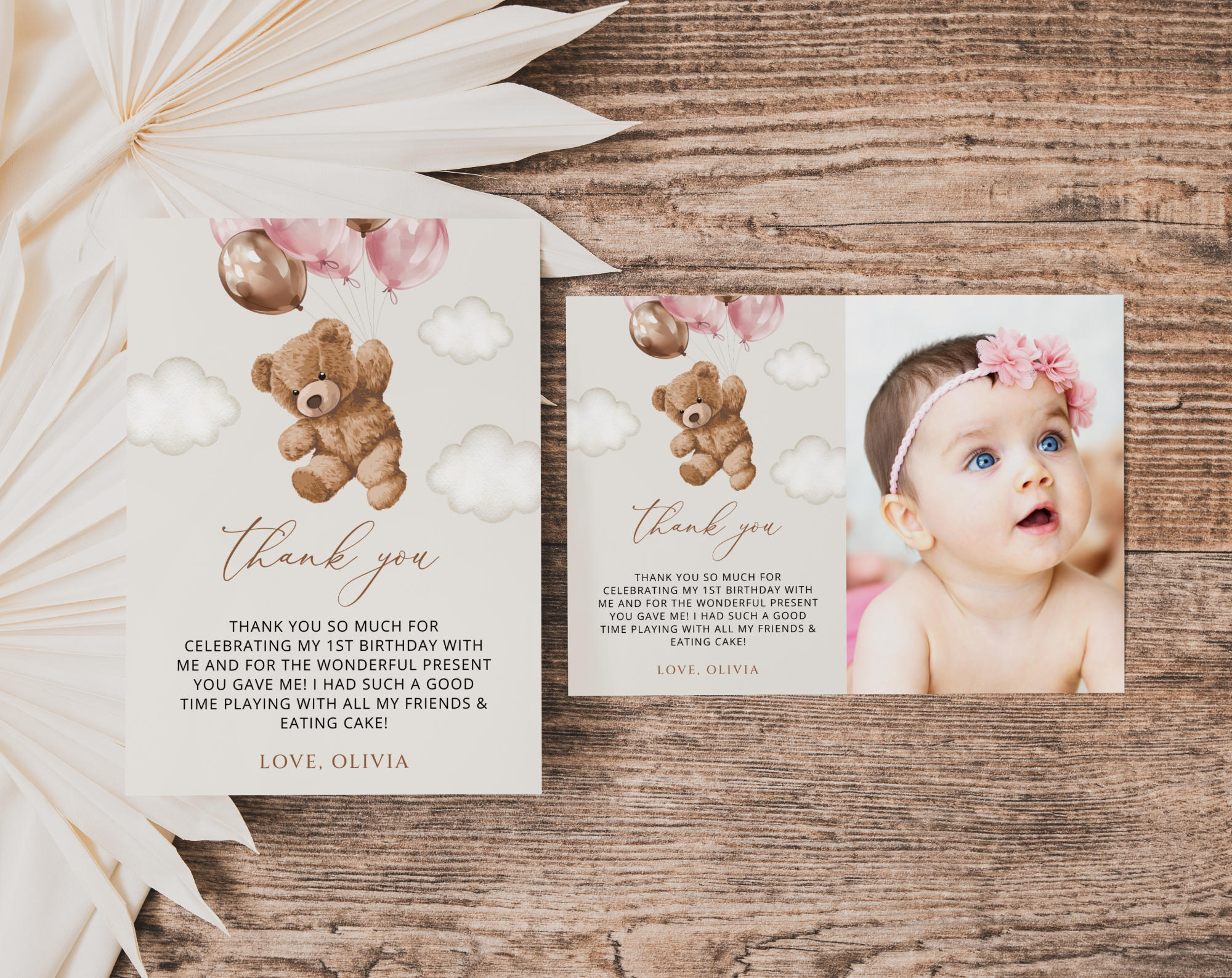 Teddy Bear with Pink Balloons Thank You Card, First Birthday, Girl Birthday, Printable File, Edit Yourself, SH72