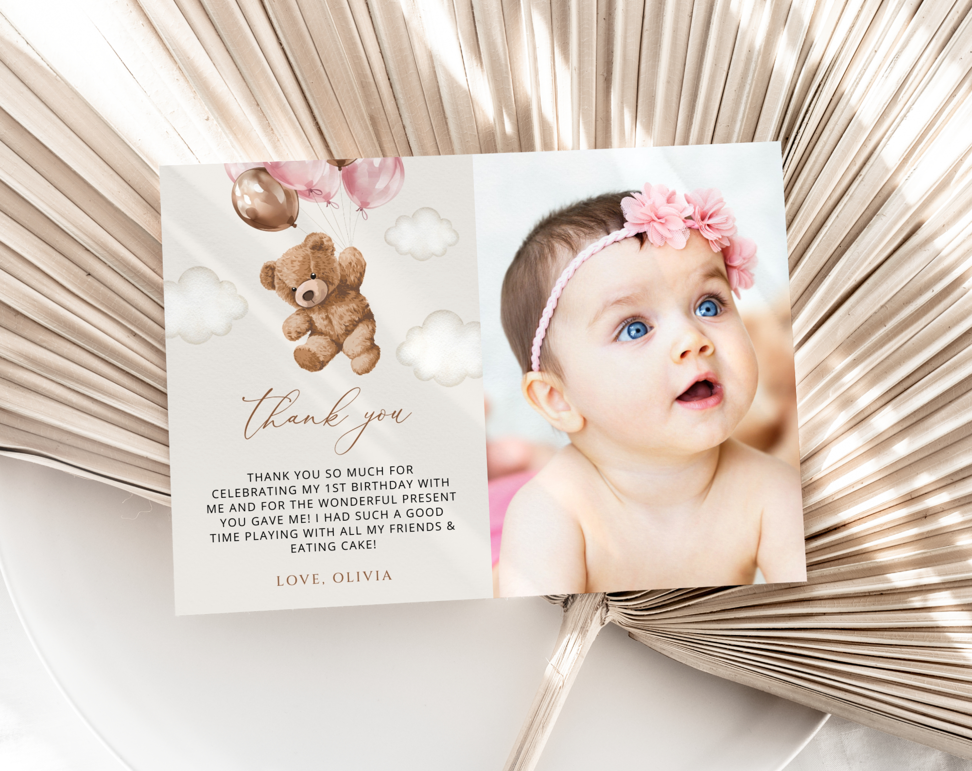 Teddy Bear with Pink Balloons Thank You Card, First Birthday, Girl Birthday, Printable File, Edit Yourself, SH72