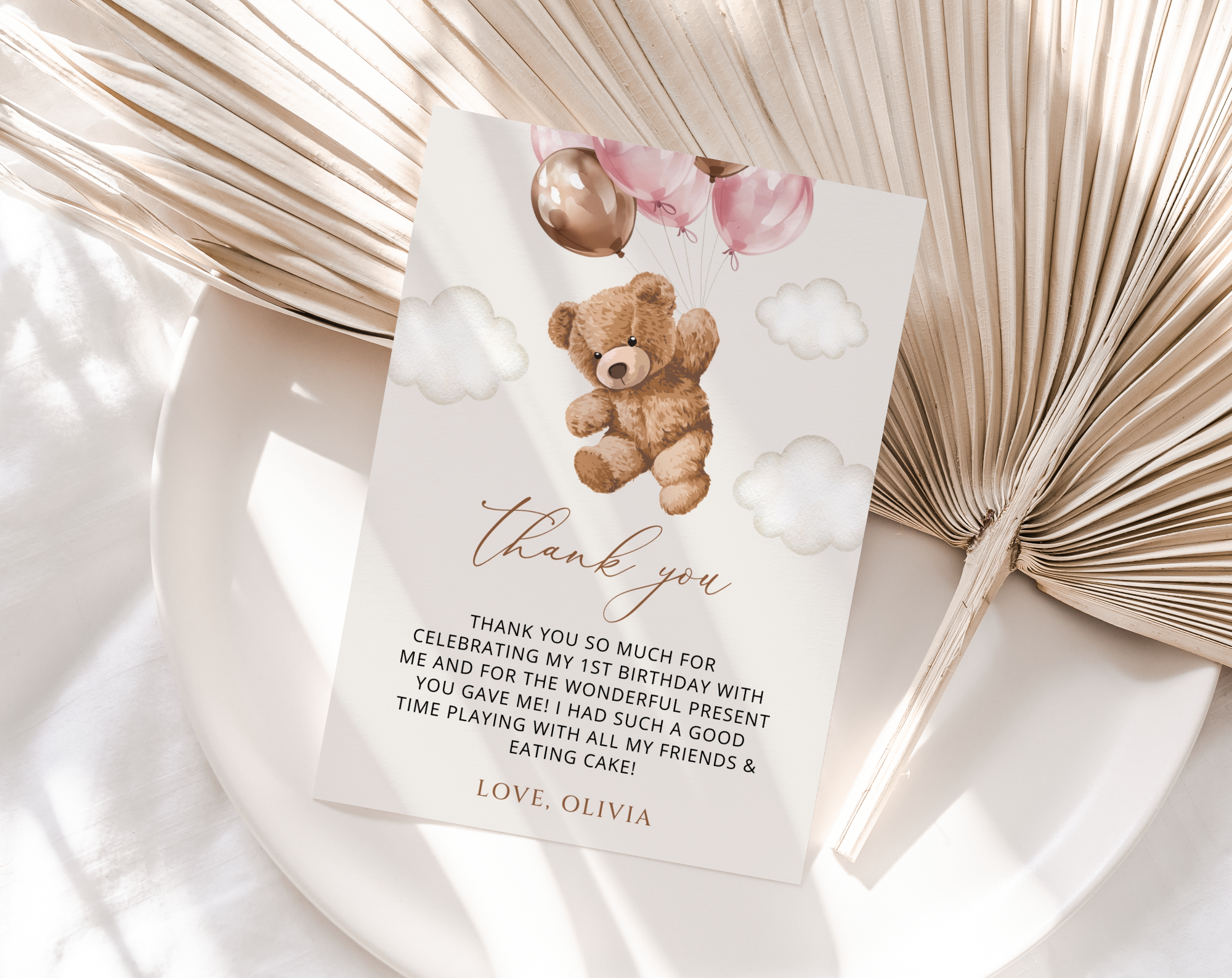 Teddy Bear with Pink Balloons Thank You Card, First Birthday, Girl Birthday, Printable File, Edit Yourself, SH72