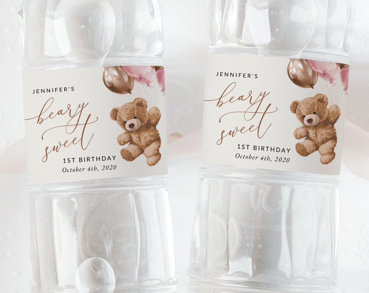 Teddy Bear with Pink Balloons Water Bottle Labels, First Birthday, Girl Birthday, Printable File, Edit Yourself, SH72 Teddy Bear with Pink Balloons Water Bottle Labels, First Birthday, Girl Birthday, Printable File, Edit Yourself, SH72