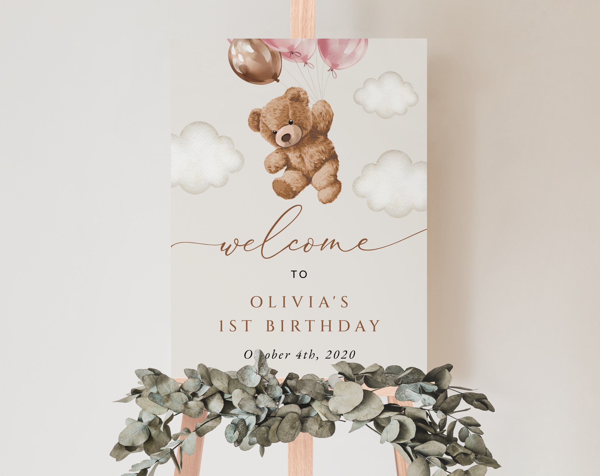 Teddy Bear with Pink Balloons Welcome Sign, Birthday Sign, First Birthday, Girl Birthday, Printable File, Edit Yourself, SH72