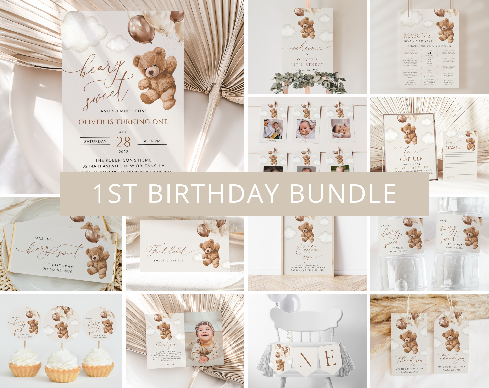 Teddy Bear with Brown Balloons First Birthday Bundle, Boy Birthday, Printable File, Edit Yourself, SH69
