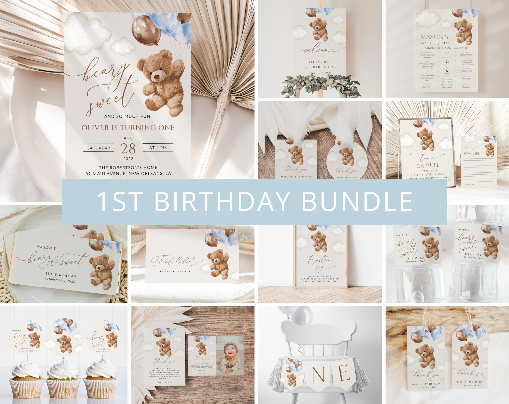 Teddy Bear with Blue Balloons First Birthday Bundle, Boy Birthday, Printable File, Edit Yourself, SH70