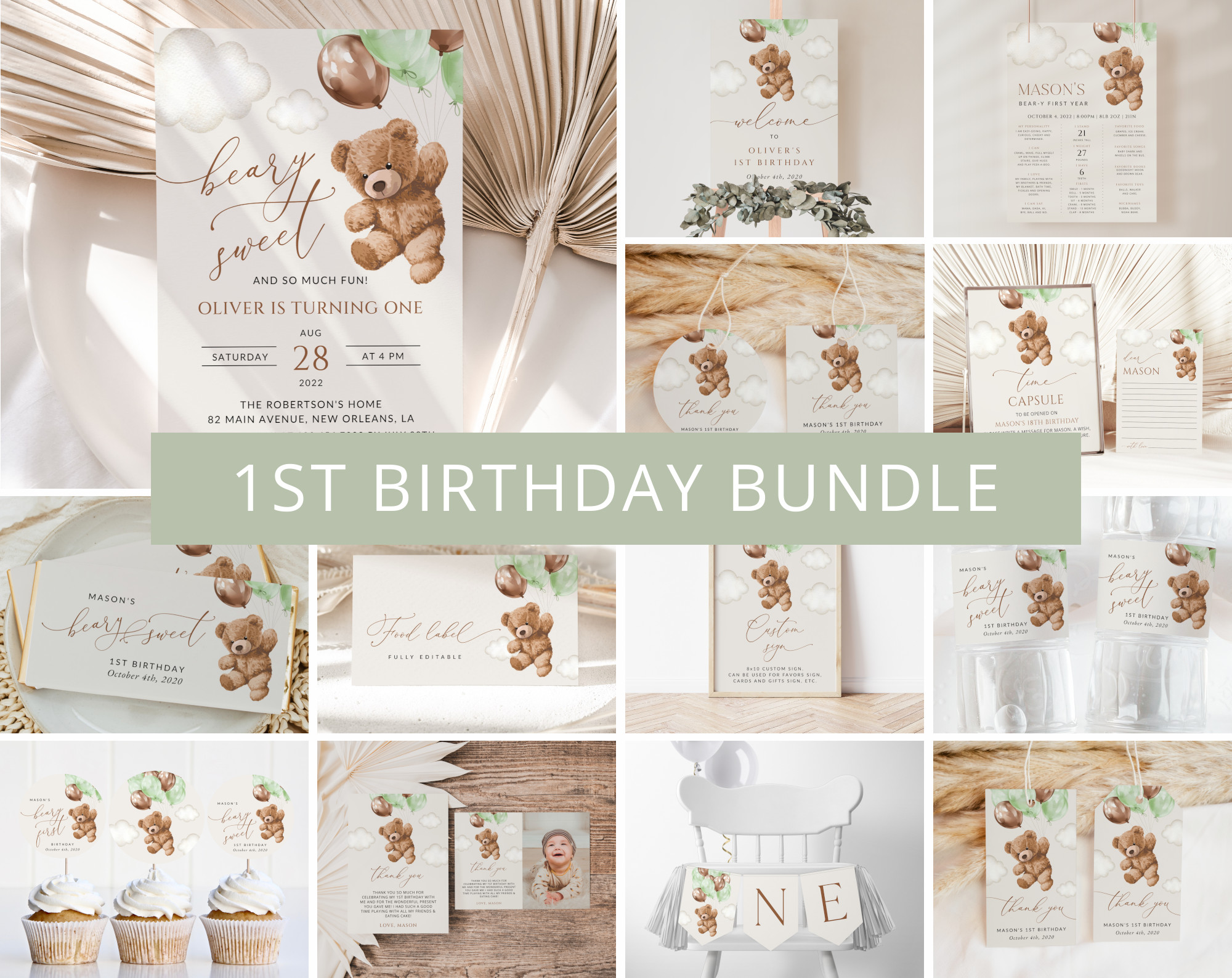 Teddy Bear with Green Balloons First Birthday Bundle, Boy Birthday, Printable File, Edit Yourself, SH71
