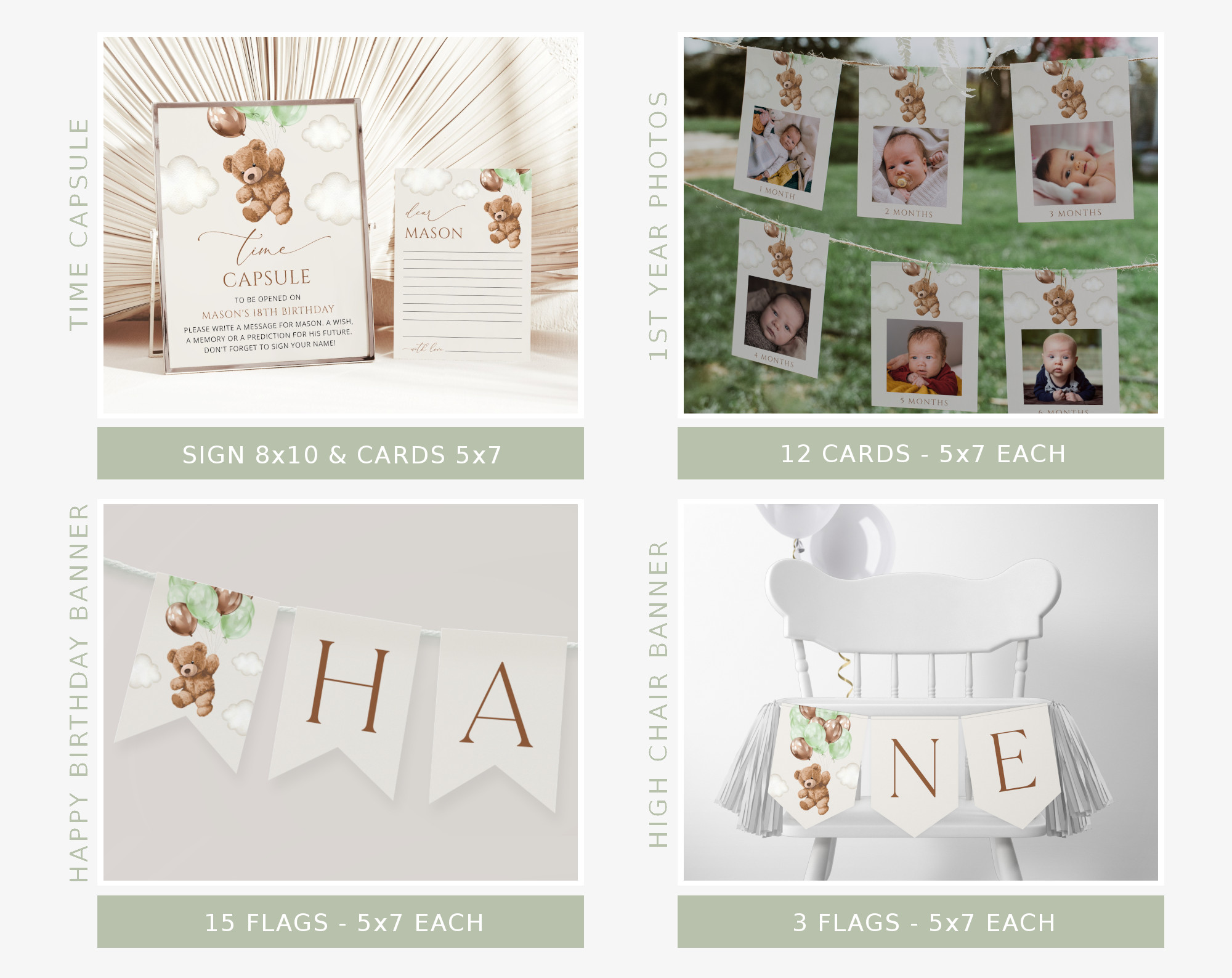 Teddy Bear with Green Balloons First Birthday Bundle, Boy Birthday, Printable File, Edit Yourself, SH71