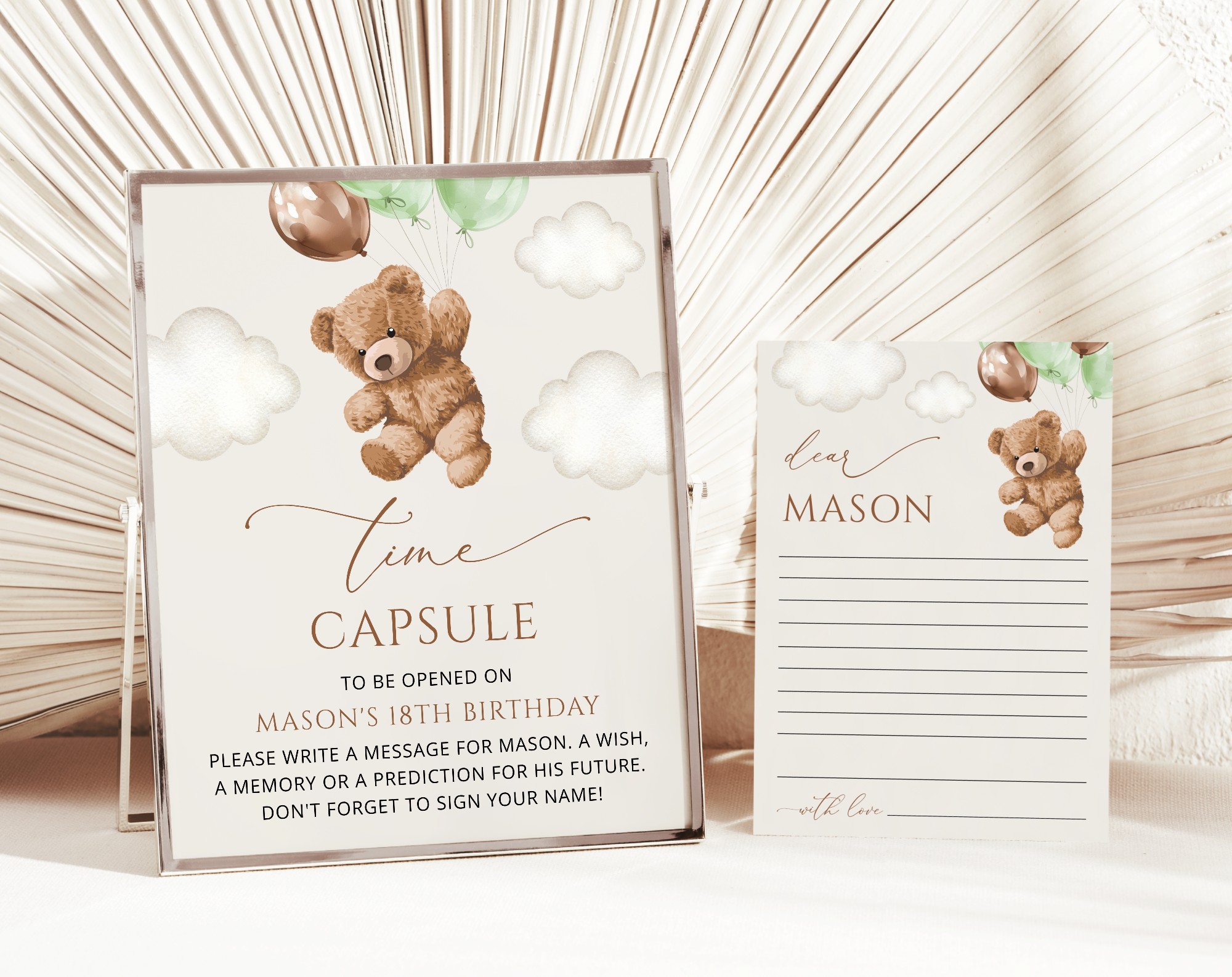 Teddy Bear with Green Balloons Time Capsule, First Birthday, Boy Birthday, Printable File, Edit Yourself, SH71