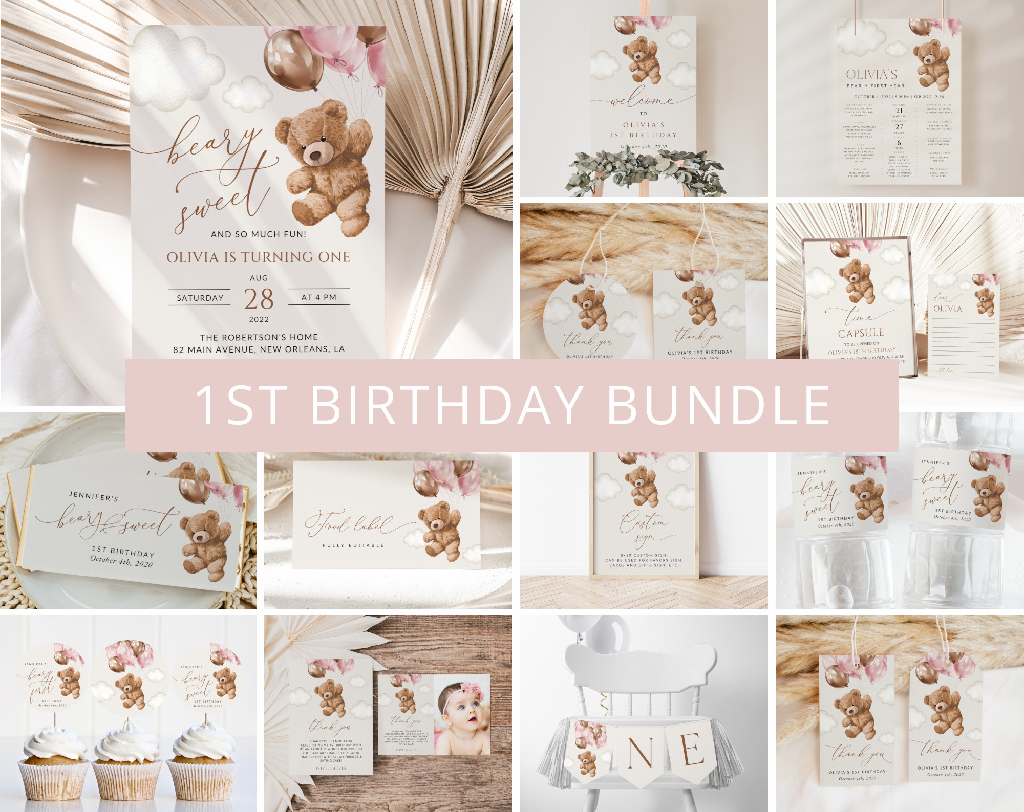 Teddy Bear with Pink Balloons First Birthday Bundle, Girl Birthday, Printable File, Edit Yourself, SH72 Teddy Bear with Pink Balloons First Birthday Bundle, Girl Birthday, Printable File, Edit Yourself, SH72