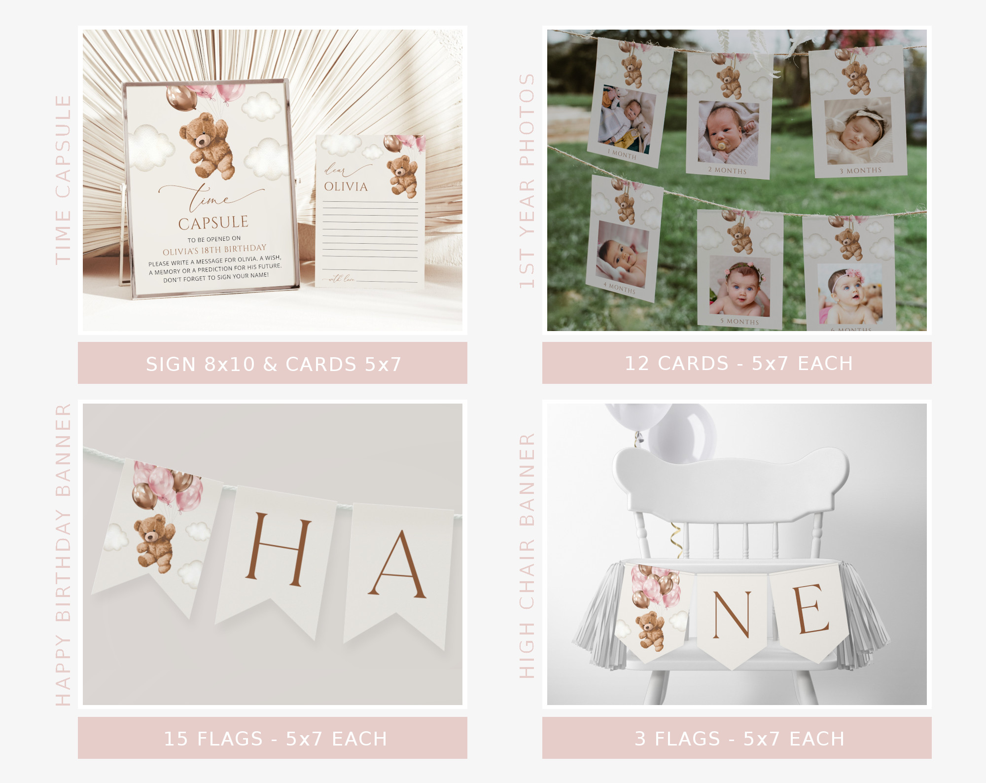Teddy Bear with Pink Balloons First Birthday Bundle, Girl Birthday, Printable File, Edit Yourself, SH72 Teddy Bear with Pink Balloons First Birthday Bundle, Girl Birthday, Printable File, Edit Yourself, SH72
