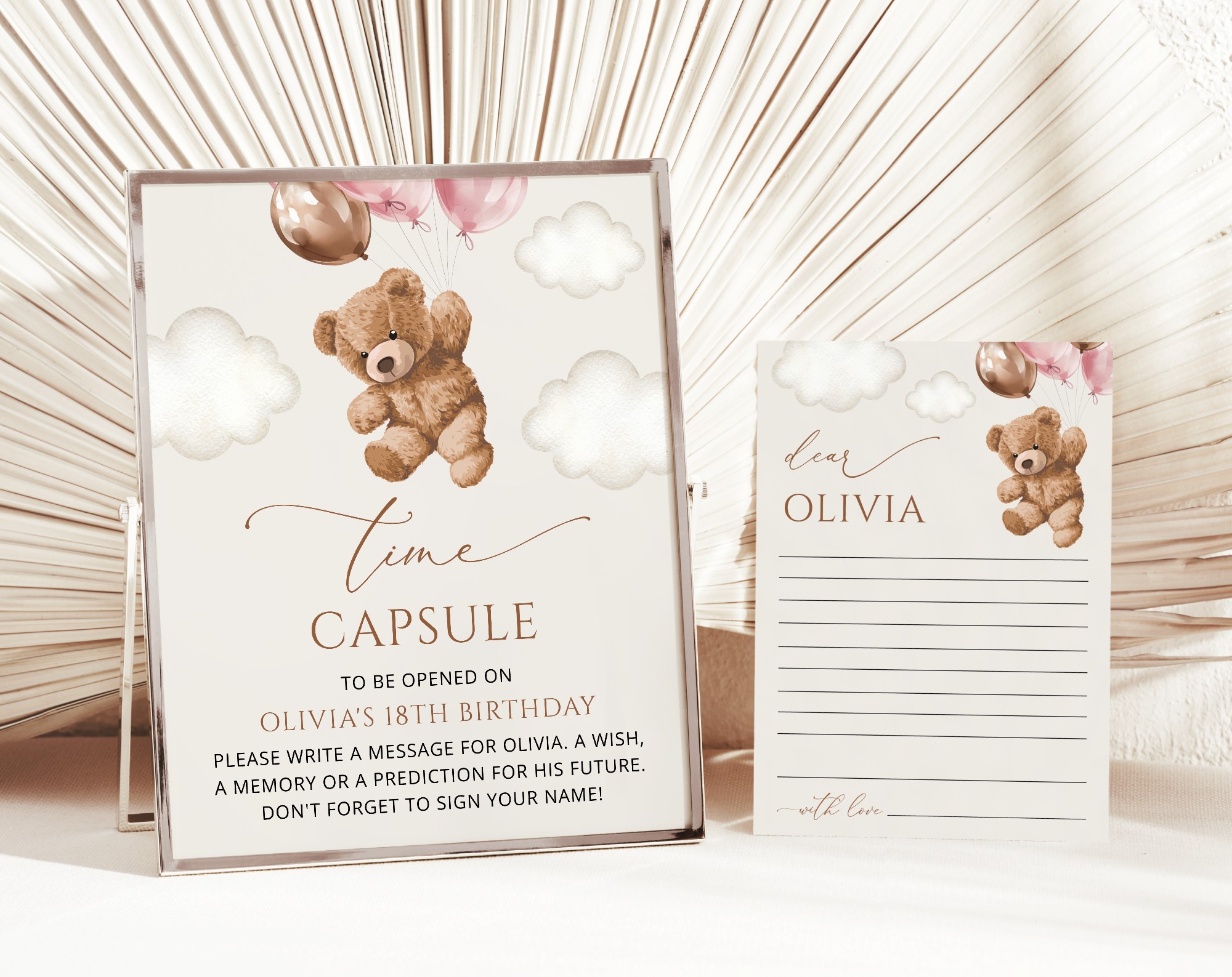 Teddy Bear with Pink Balloons Time Capsule, First Birthday, Girl Birthday, Printable File, Edit Yourself, SH72