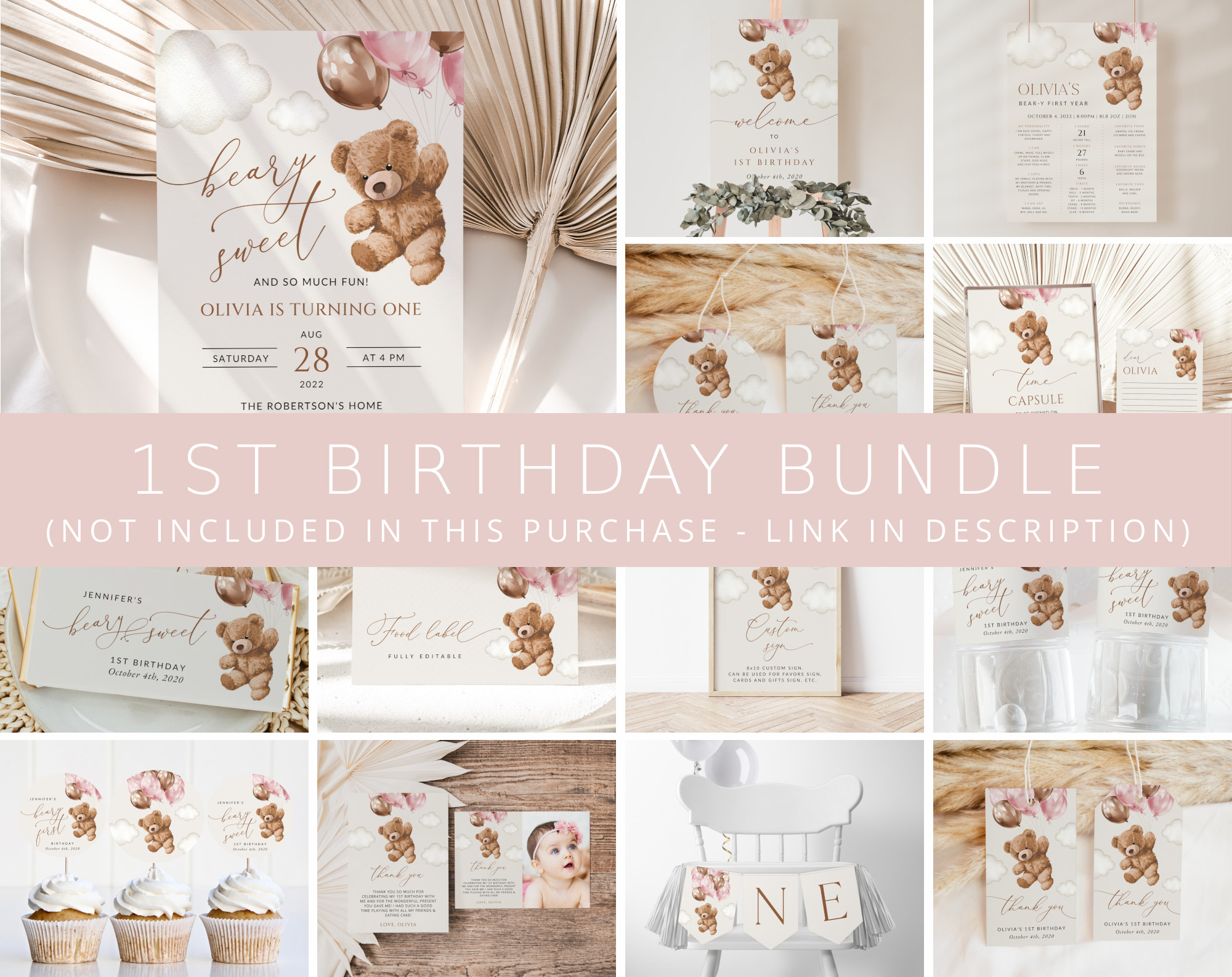 Teddy Bear with Pink Balloons First Birthday Bundle, Girl Birthday, Printable File, Edit Yourself, SH72