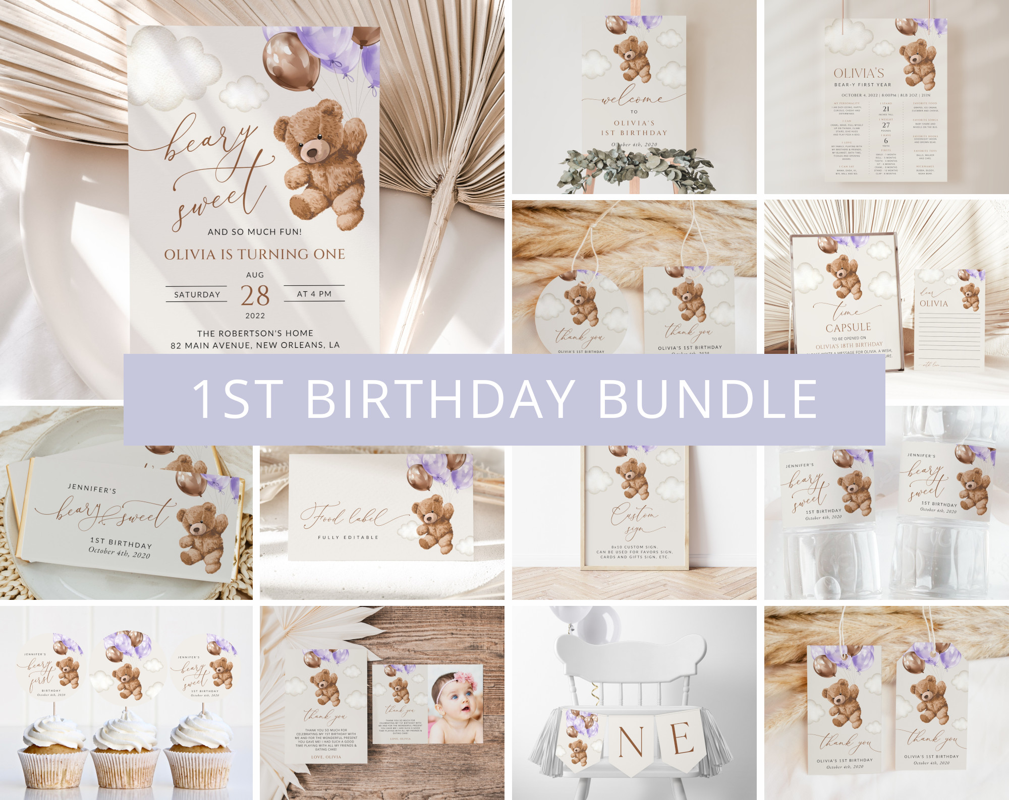 Teddy Bear with Purple Balloons First Birthday Bundle, Girl Birthday, Printable File, Edit Yourself, SH73