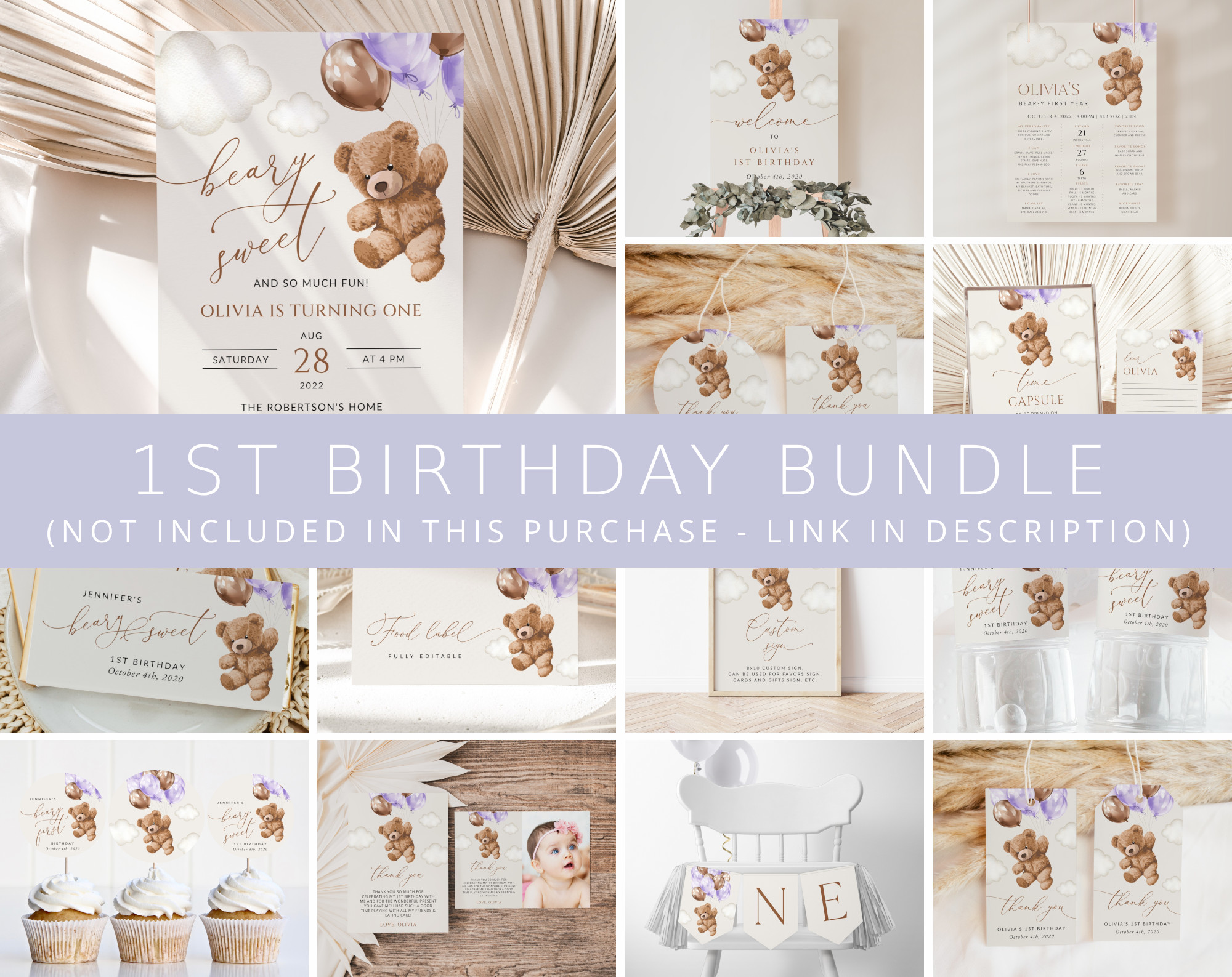 Teddy Bear with Purple Balloons First Birthday Bundle, Girl Birthday, Printable File, Edit Yourself, SH73