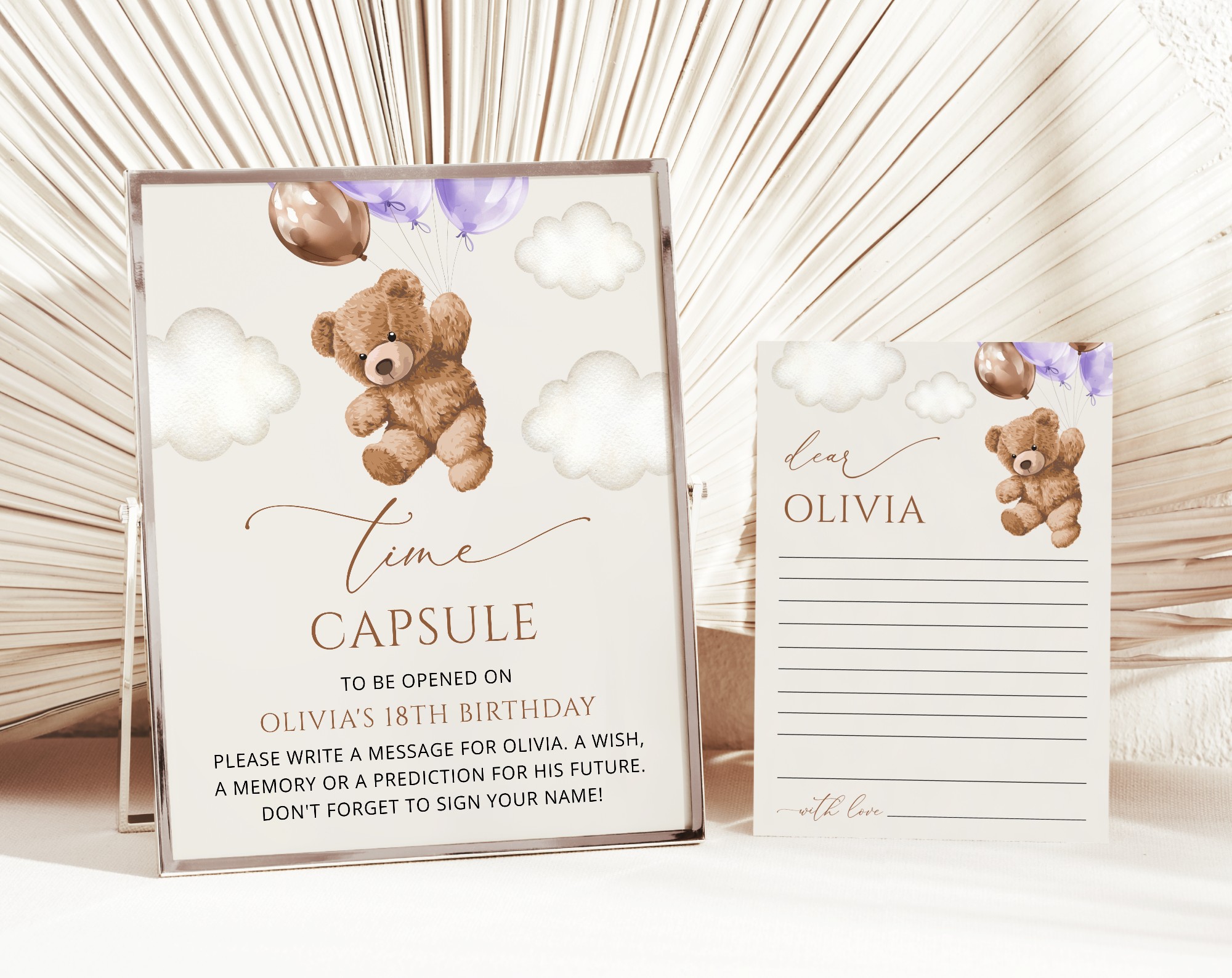 Teddy Bear with Purple Balloons Time Capsule, First Birthday, Girl Birthday, Printable File, Edit Yourself, SH73