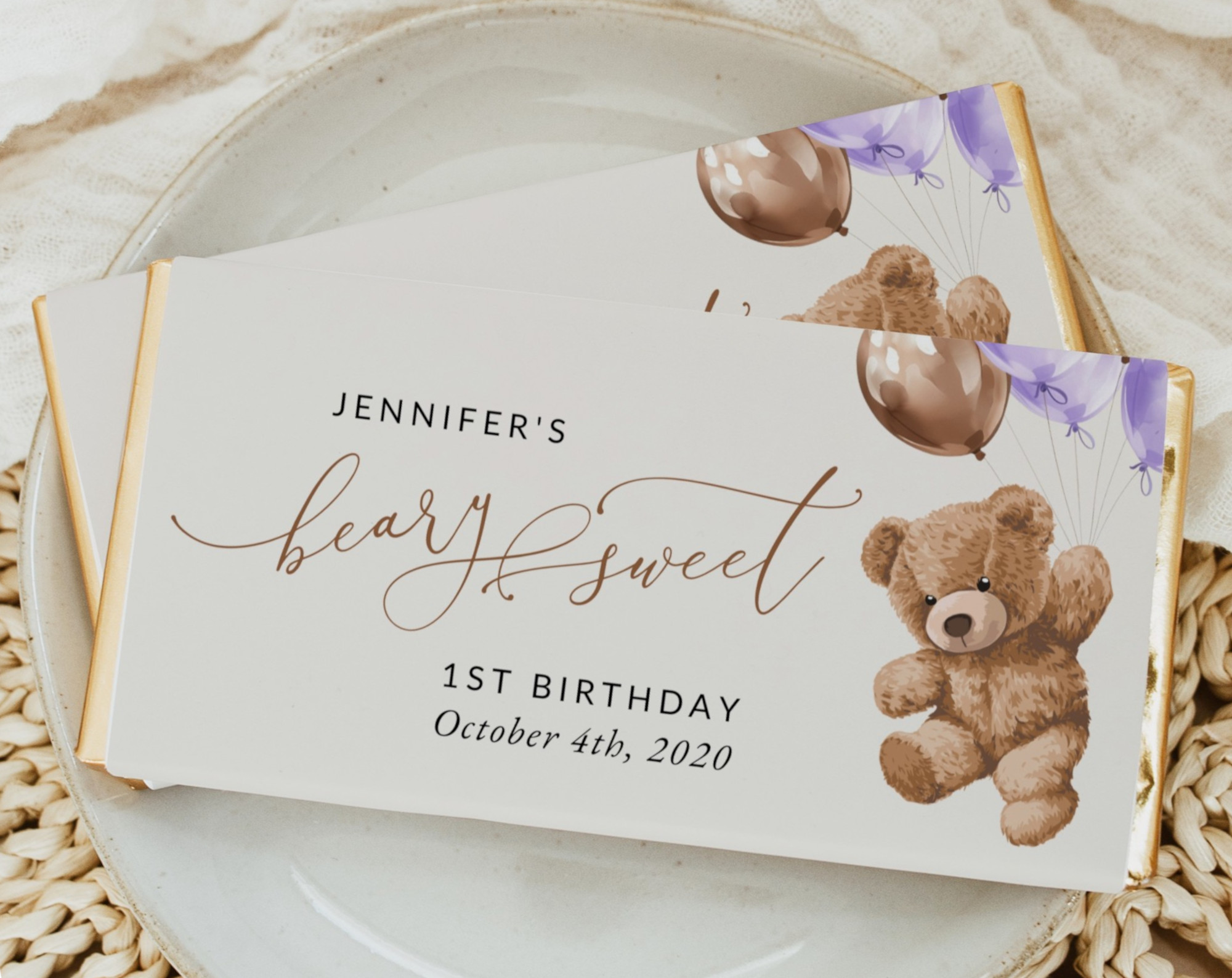 Teddy Bear with Purple Balloons Chocolate Bar Wrapper, First Birthday, Girl Birthday, Printable File, Edit Yourself, SH73