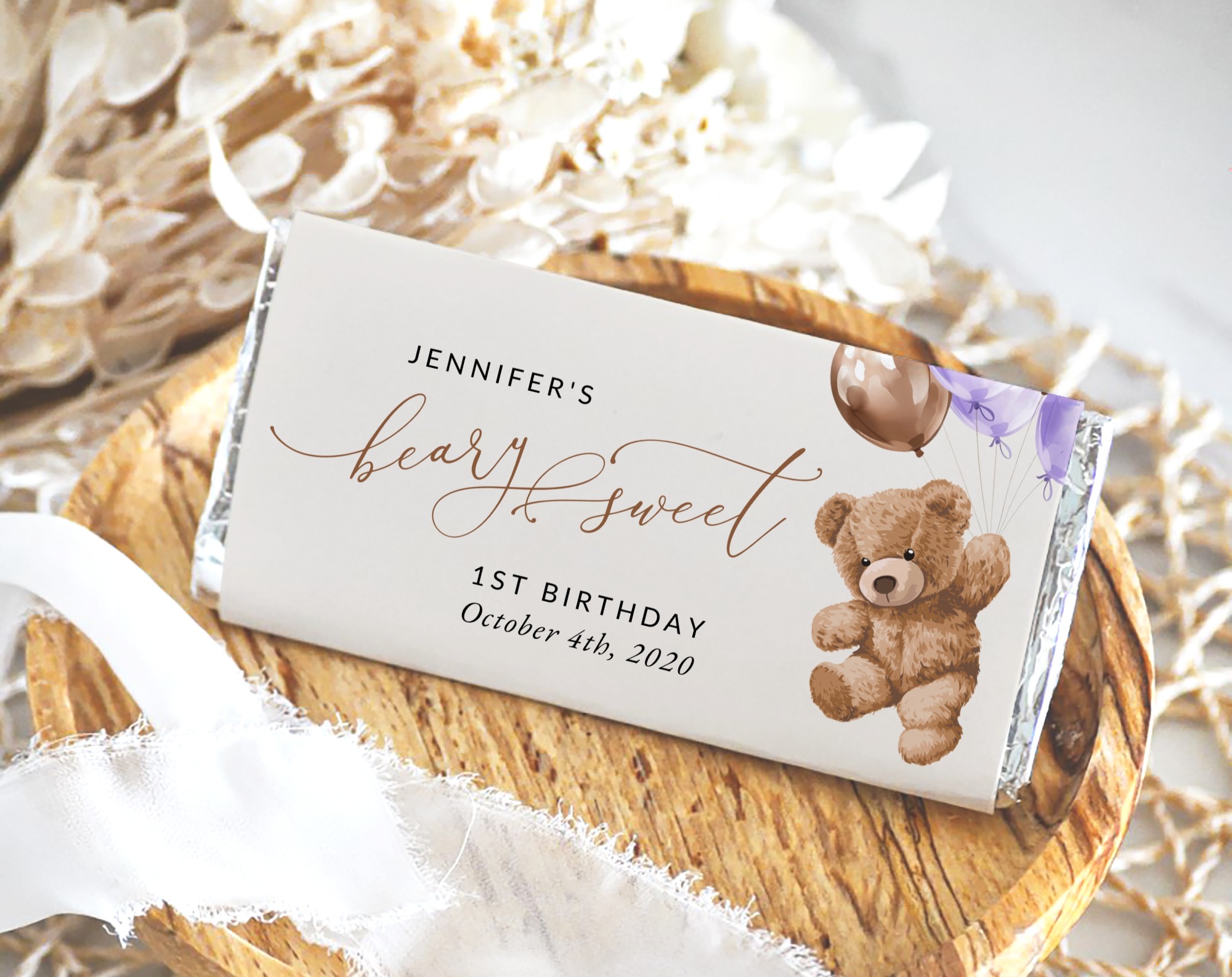 Teddy Bear with Purple Balloons Chocolate Bar Wrapper, First Birthday, Girl Birthday, Printable File, Edit Yourself, SH73