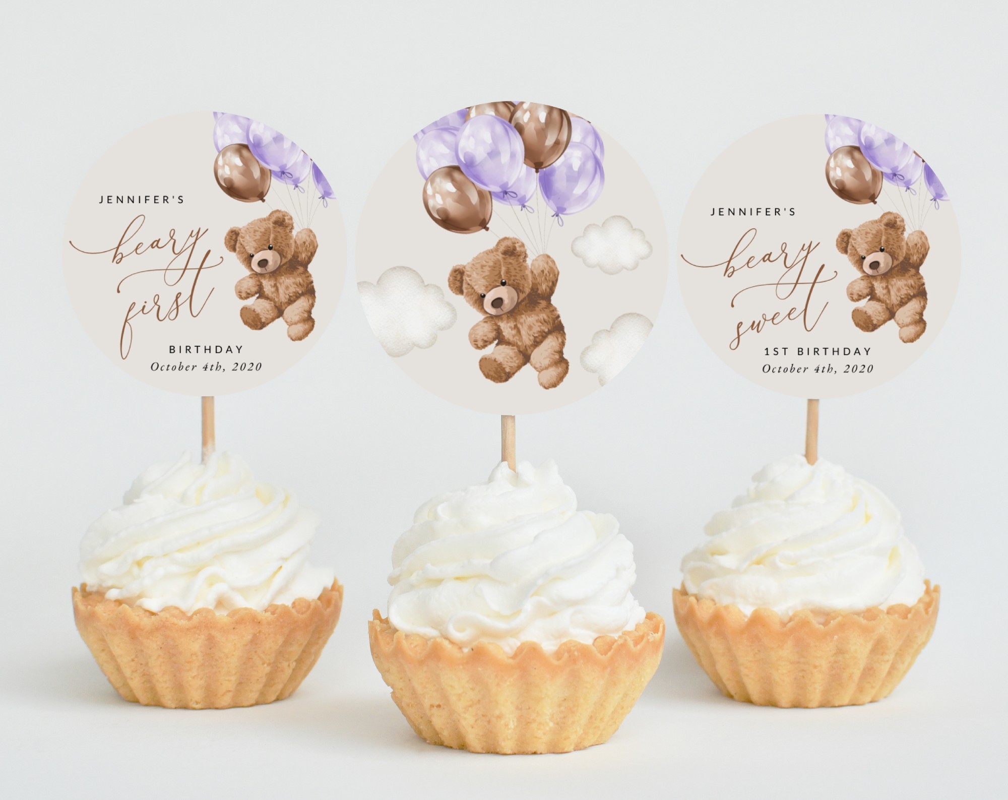 Teddy Bear with Purple Balloons Cupcake Toppers, First Birthday, Girl Birthday, Printable File, Edit Yourself, SH73