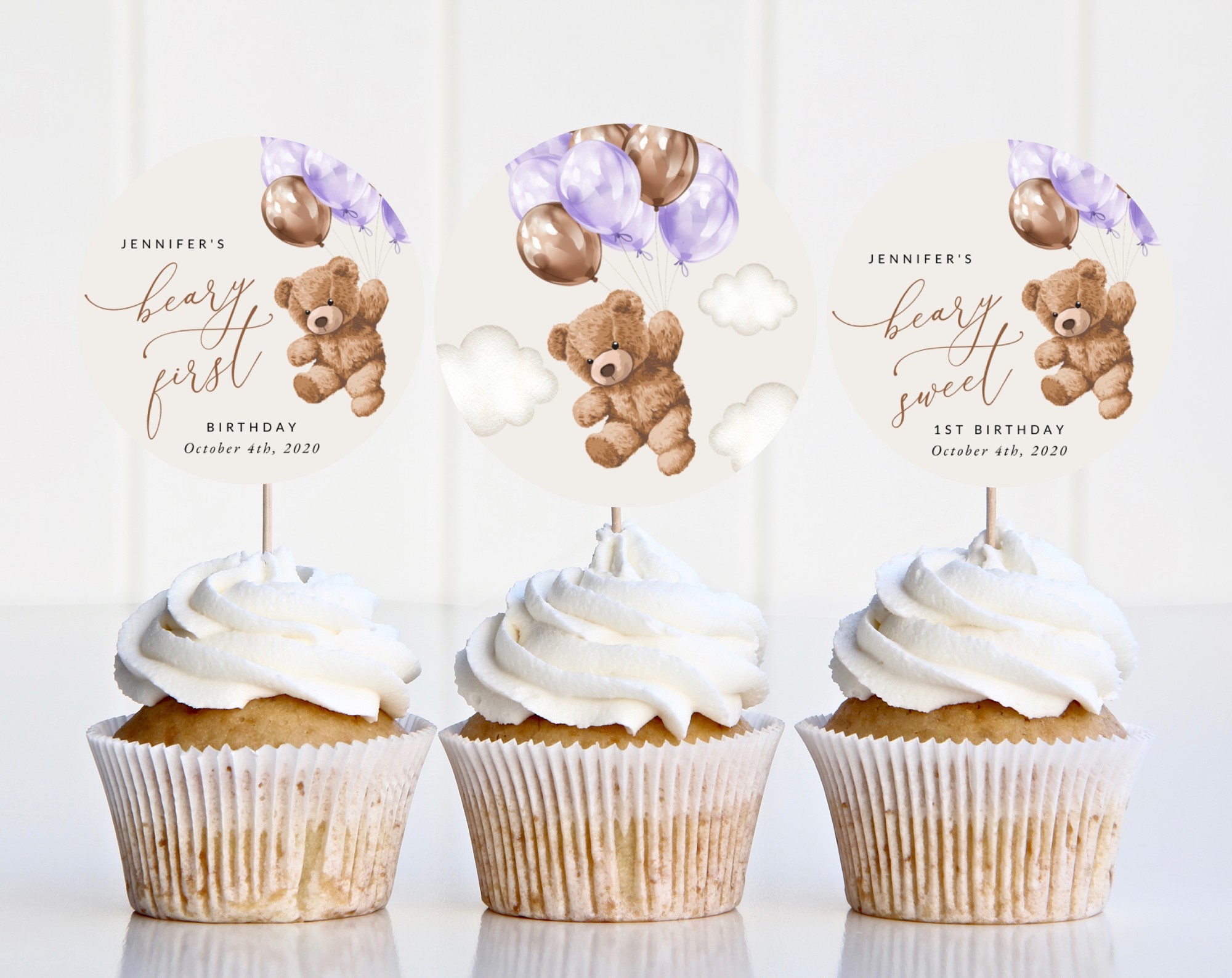 Teddy Bear with Purple Balloons Cupcake Toppers, First Birthday, Girl Birthday, Printable File, Edit Yourself, SH73