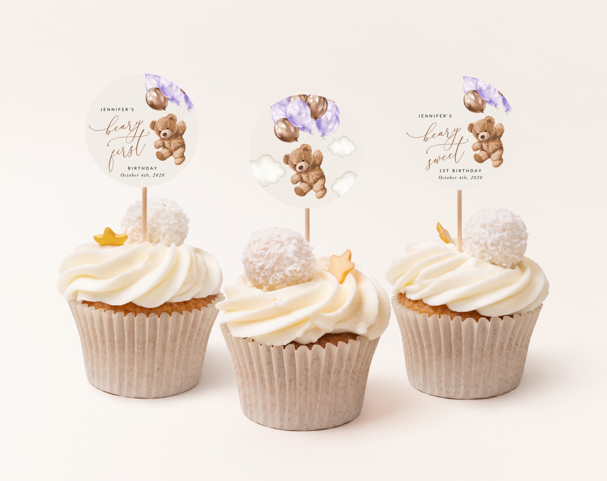Teddy Bear with Purple Balloons Cupcake Toppers, First Birthday, Girl Birthday, Printable File, Edit Yourself, SH73