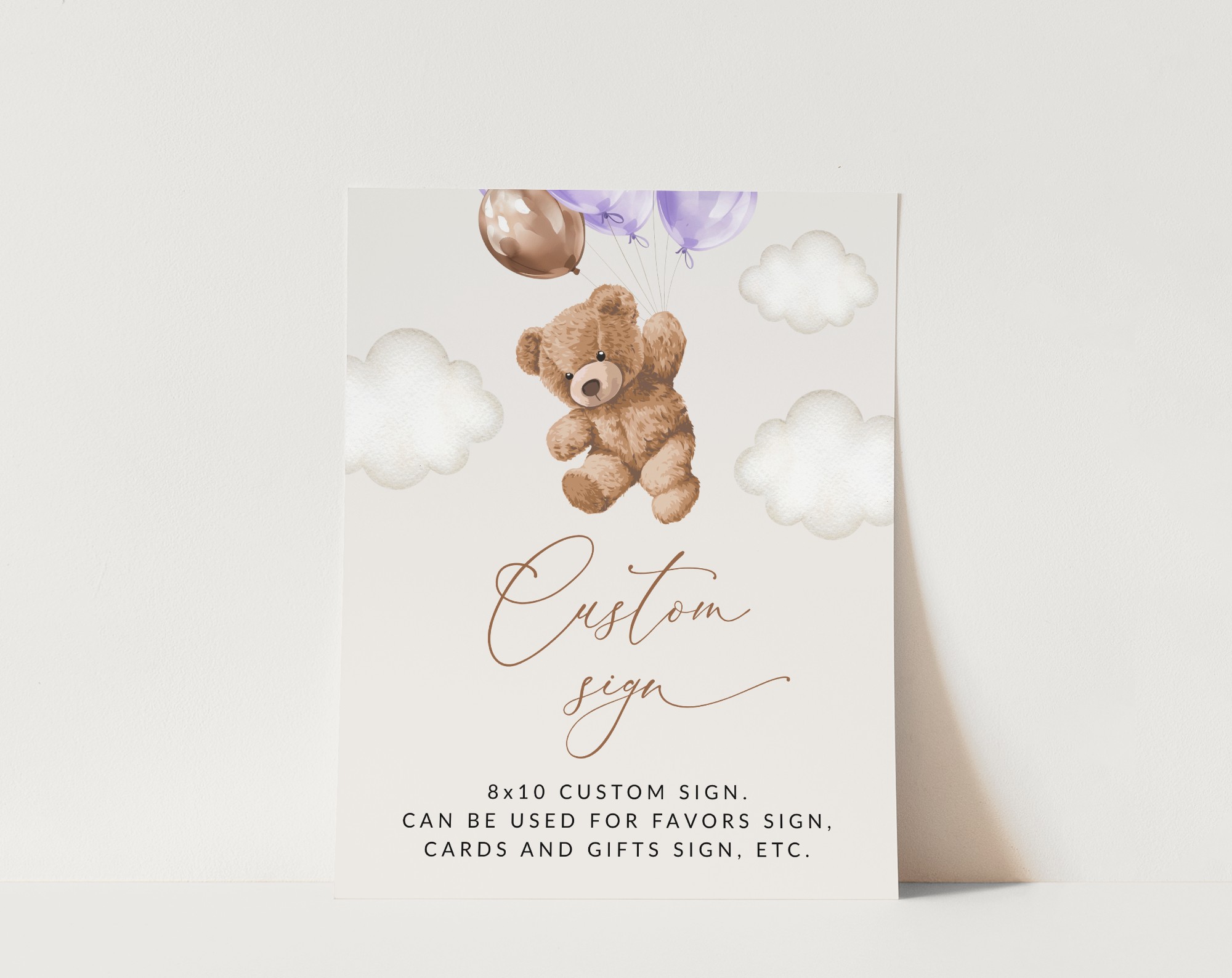 Teddy Bear with Purple Balloons Custom Sign, Birthday Sign, First Birthday, Girl Birthday, Printable File, Edit Yourself, SH73