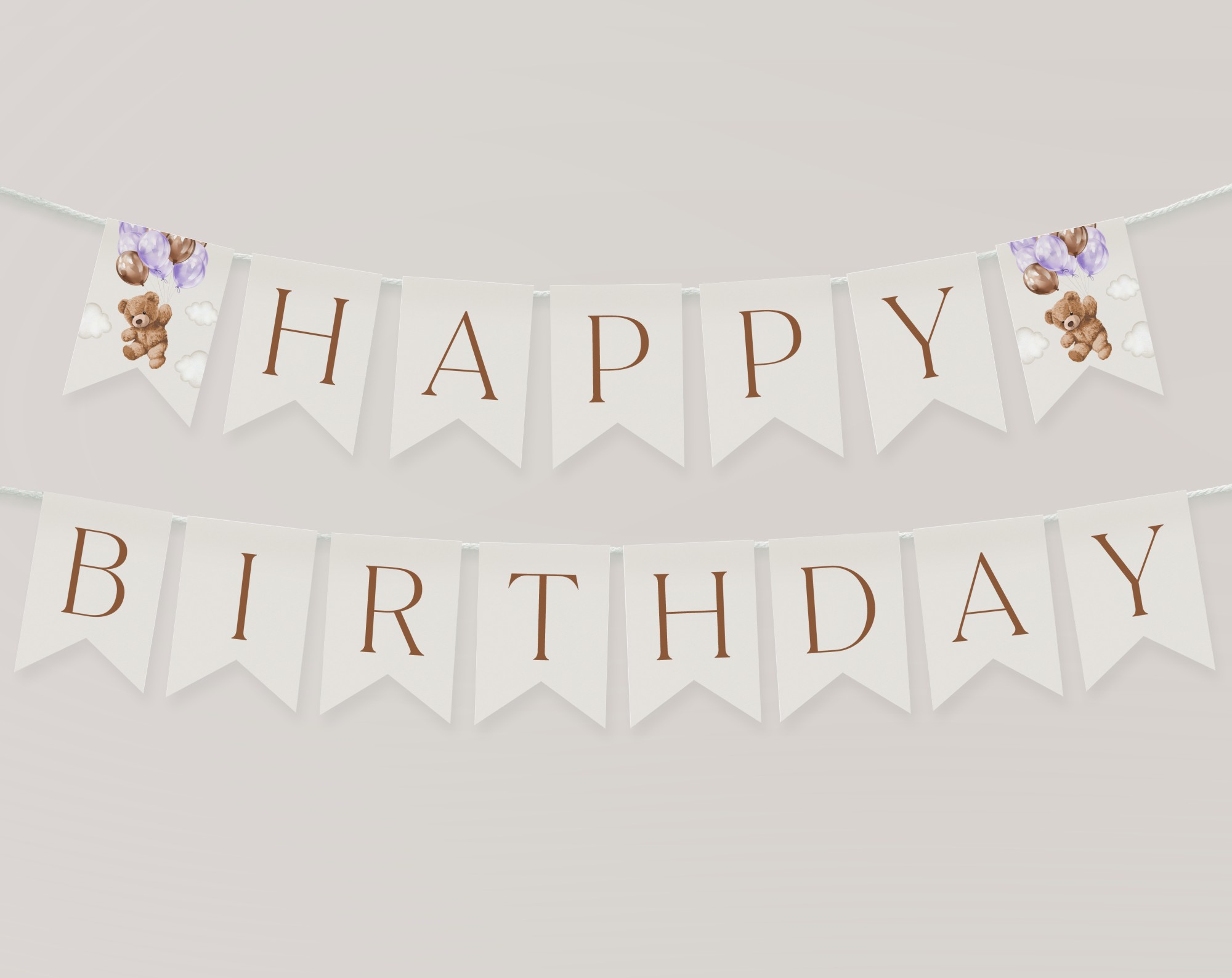 Teddy Bear with Purple Balloons Happy Birthday Banner, First Birthday, Girl Birthday, Printable File, Edit Yourself, SH73