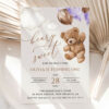 Teddy Bear with Purple Balloons First Birthday Invitation, Birthday Stationery, Girl Birthday, Printable File, Edit Yourself, SH73