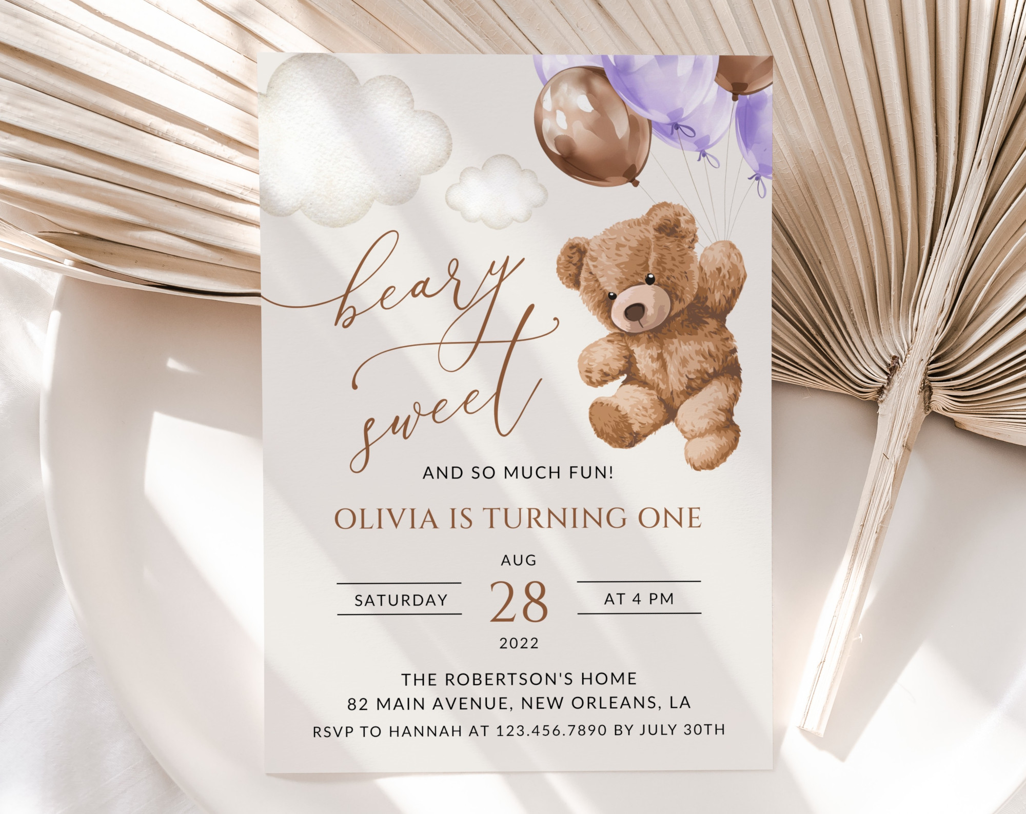 Teddy Bear with Purple Balloons First Birthday Invitation, Birthday Stationery, Girl Birthday, Printable File, Edit Yourself, SH73