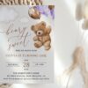 Teddy Bear with Purple Balloons First Birthday Invitation, Birthday Stationery, Girl Birthday, Printable File, Edit Yourself, SH73