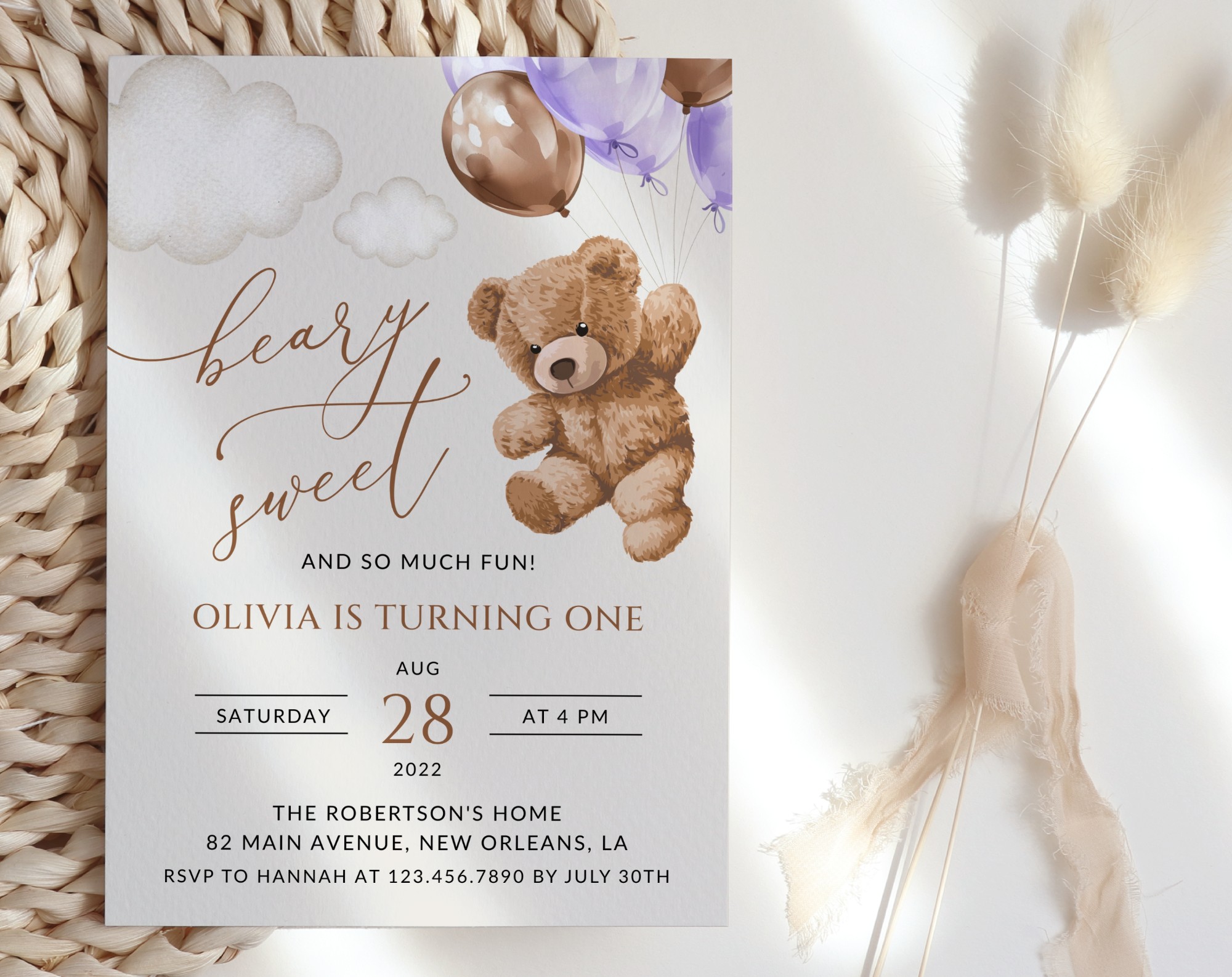 Teddy Bear with Purple Balloons First Birthday Invitation, Birthday Stationery, Girl Birthday, Printable File, Edit Yourself, SH73