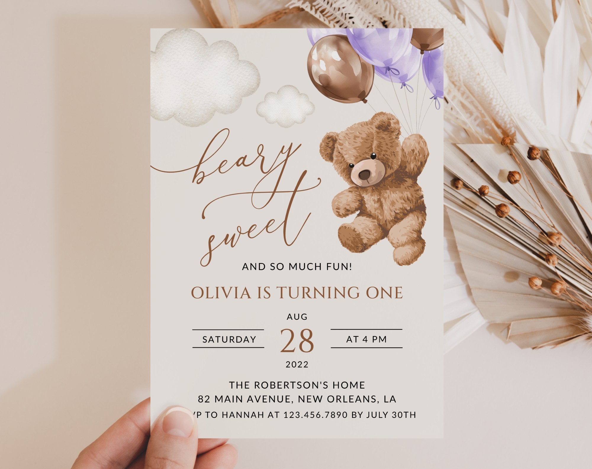 Teddy Bear with Purple Balloons First Birthday Invitation, Birthday Stationery, Girl Birthday, Printable File, Edit Yourself, SH73