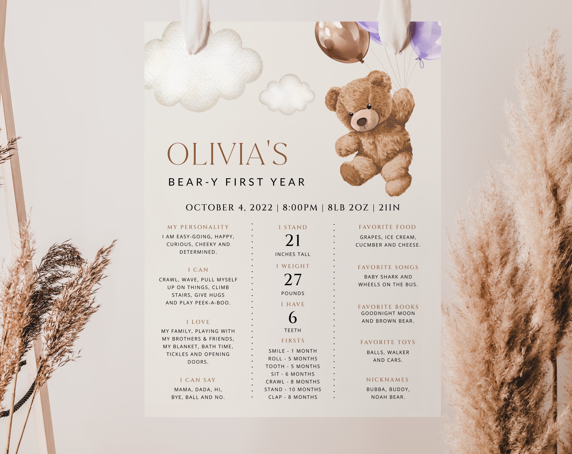 Teddy Bear with Purple Balloons Milestone Sign, Birthday Sign, First Birthday, Girl Birthday, Printable File, Edit Yourself, SH73