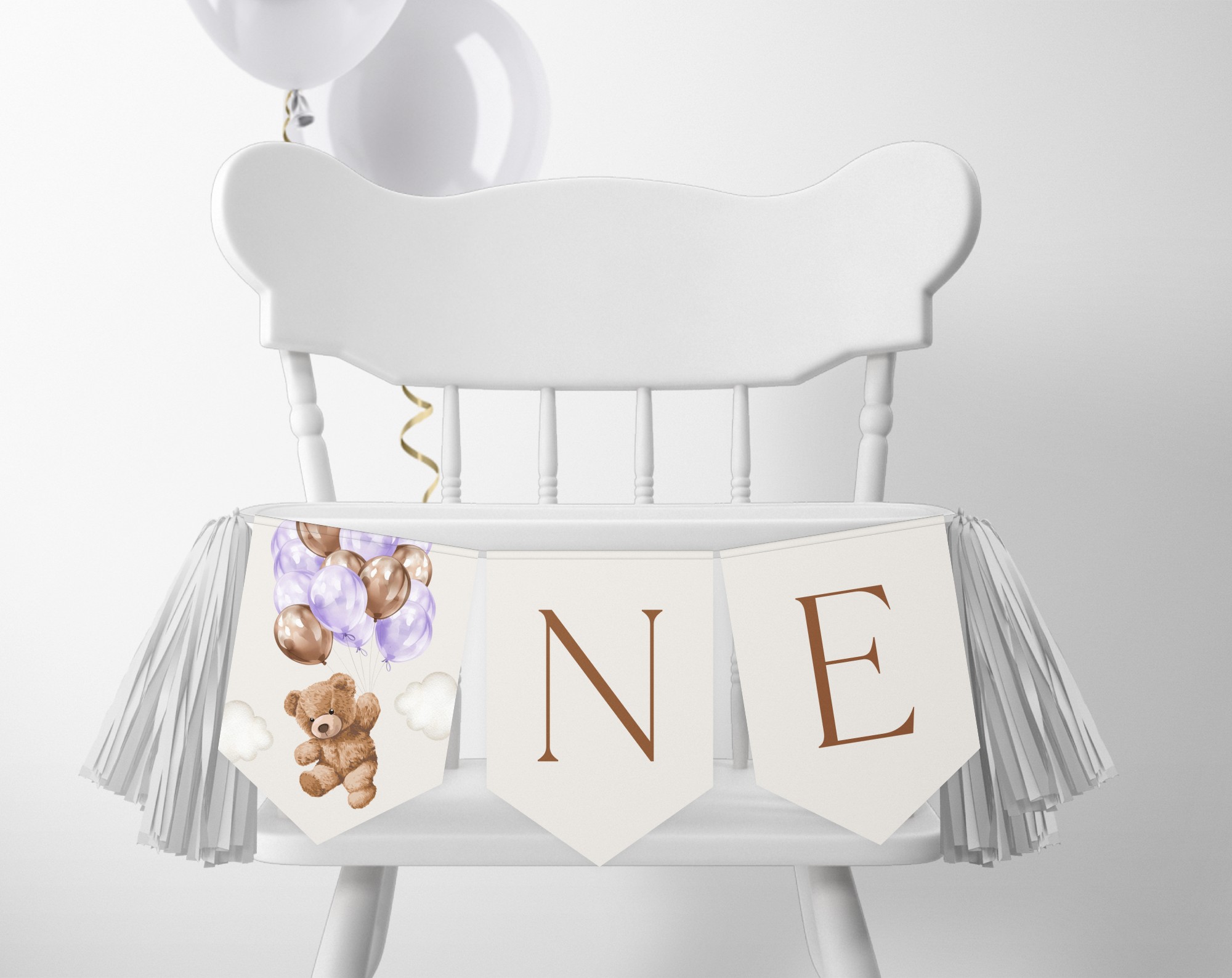 Teddy Bear with Purple Balloons One High Chair Banner, First Birthday, Girl Birthday, Printable File, Edit Yourself, SH73