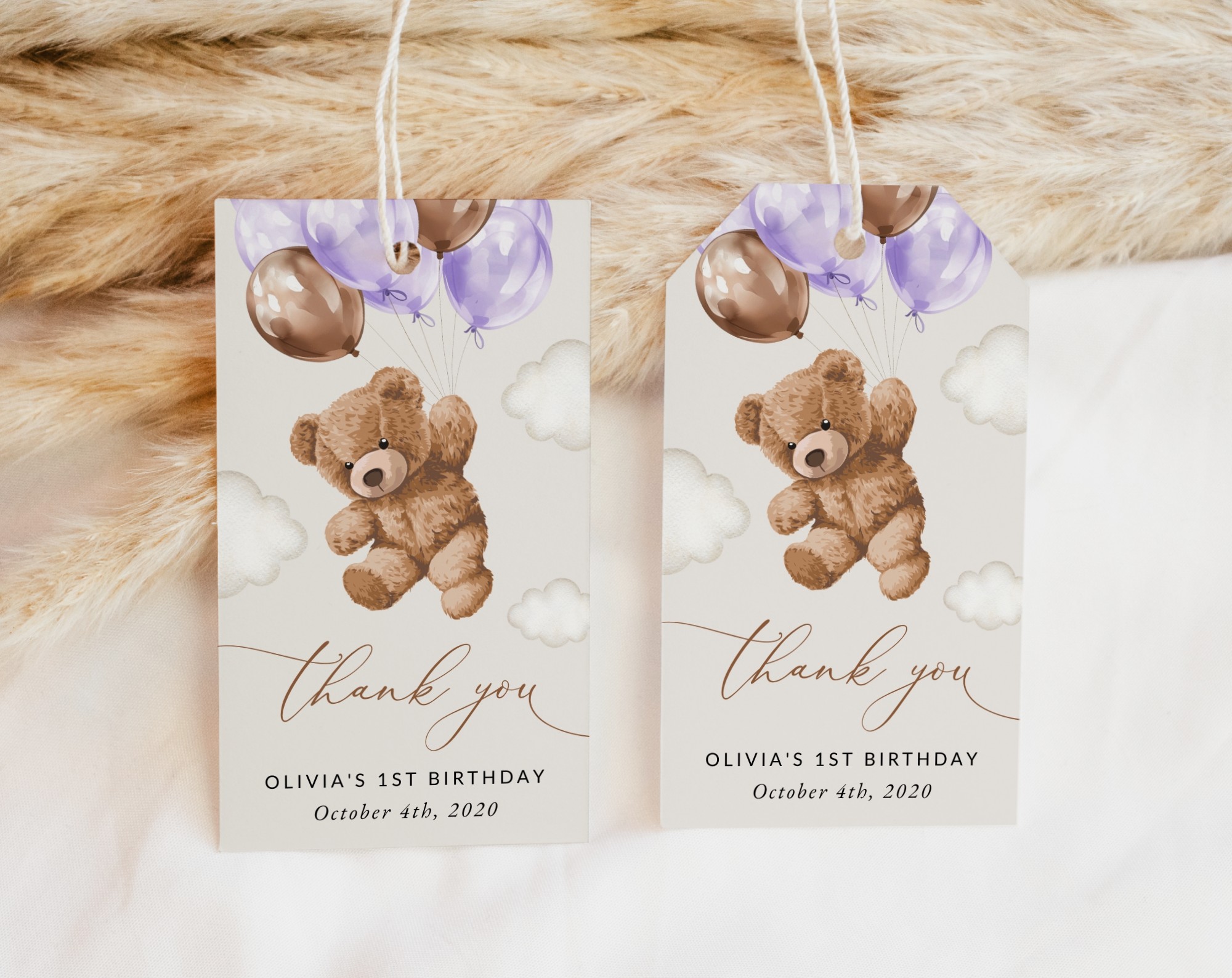 Teddy Bear with Purple Balloons Favor Tags, Gift Tags, First Birthday, Girl Birthday, Printable File, Edit Yourself, SH73 Teddy Bear with Purple Balloons Favor Tags, Gift Tags, First Birthday, Girl Birthday, Printable File, Edit Yourself, SH73