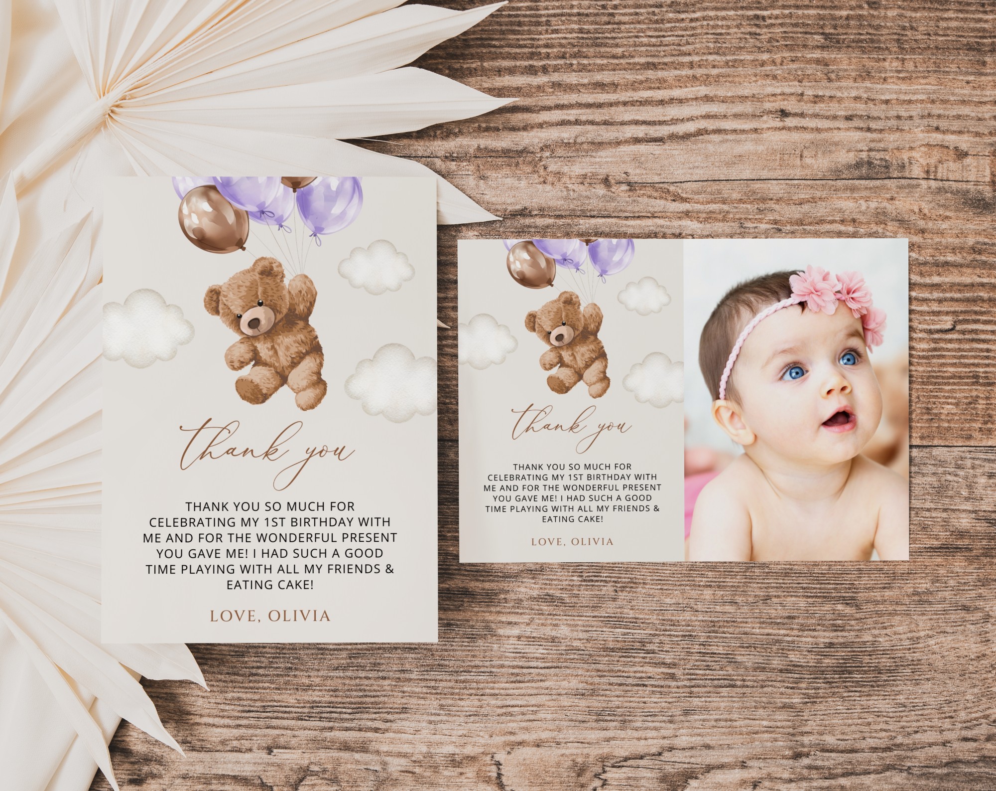 Teddy Bear with Purple Balloons Thank You Card, First Birthday, Girl Birthday, Printable File, Edit Yourself, SH73