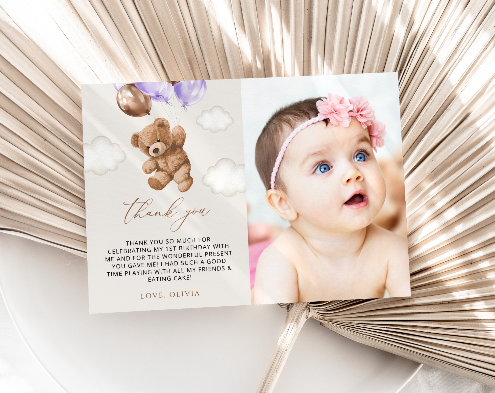 Teddy Bear with Purple Balloons Thank You Card, First Birthday, Girl Birthday, Printable File, Edit Yourself, SH73