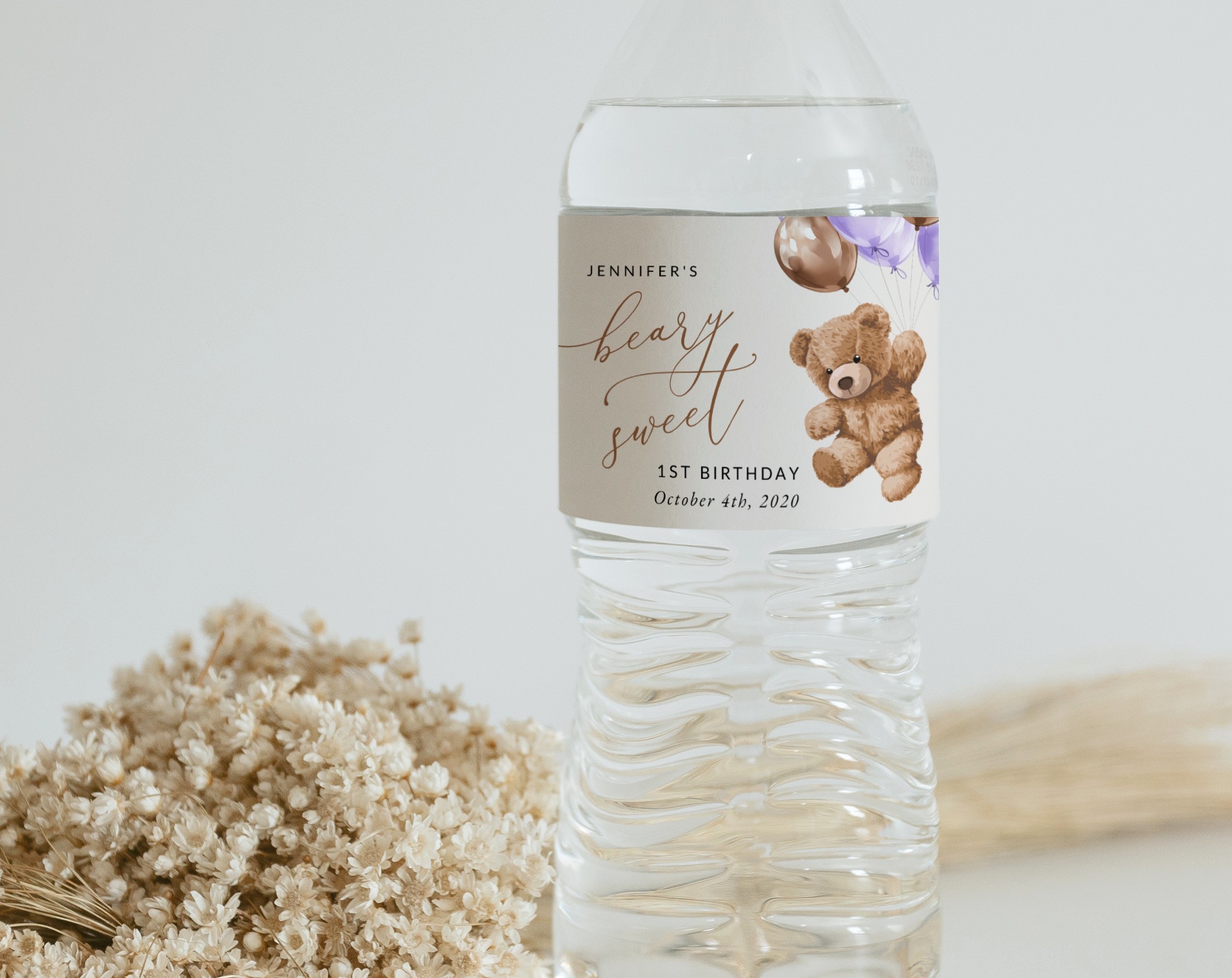 Teddy Bear with Purple Balloons Water Bottle Labels, First Birthday, Girl Birthday, Printable File, Edit Yourself, SH73 Teddy Bear with Purple Balloons Water Bottle Labels, First Birthday, Girl Birthday, Printable File, Edit Yourself, SH73