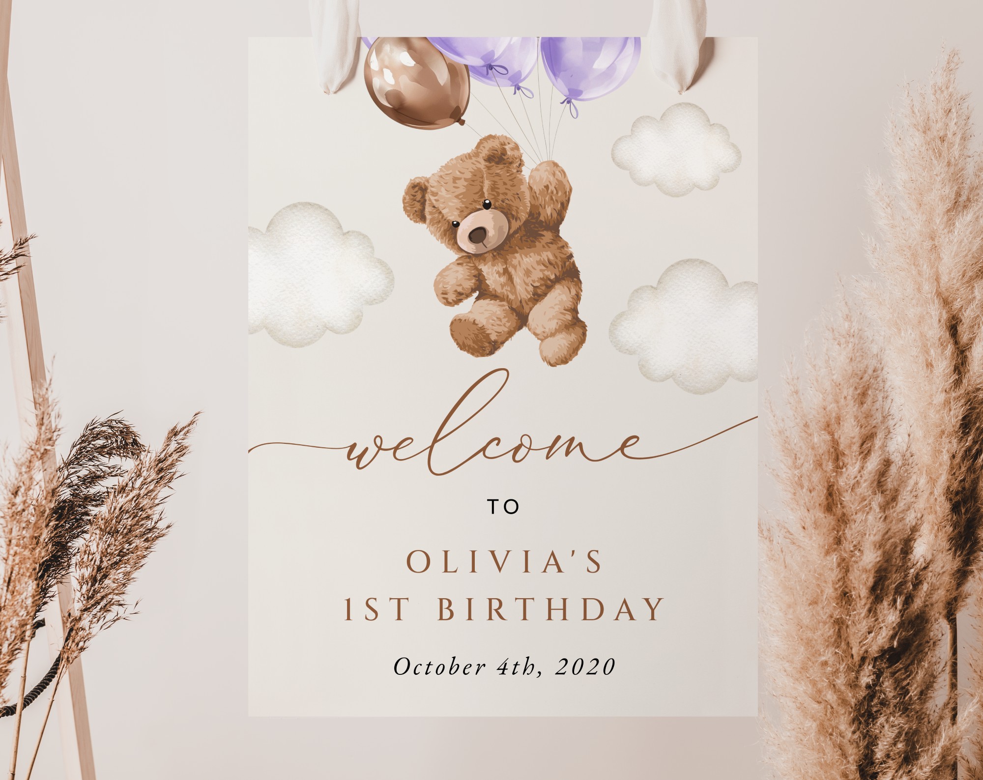 Teddy Bear with Purple Balloons Welcome Sign, Birthday Sign, First Birthday, Girl Birthday, Printable File, Edit Yourself, SH73