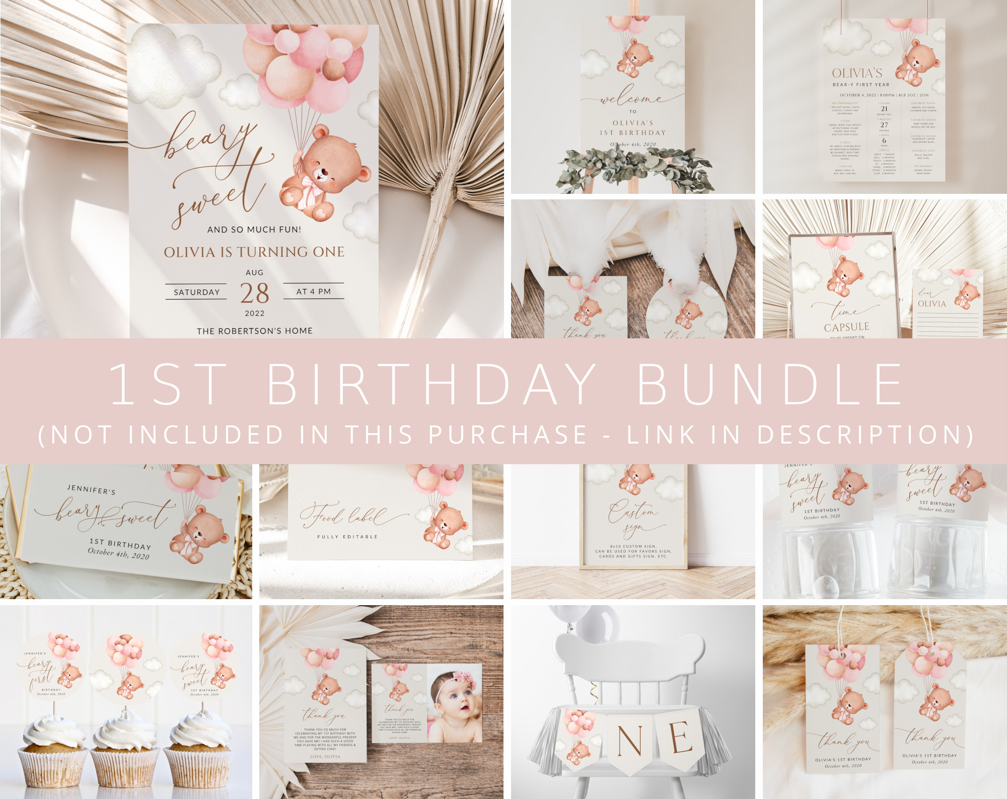 Baby Bear with Pink Balloons First Birthday Bundle, Girl Birthday, Printable File, Edit Yourself, SH74 Baby Bear with Pink Balloons First Birthday Bundle, Girl Birthday, Printable File, Edit Yourself, SH74