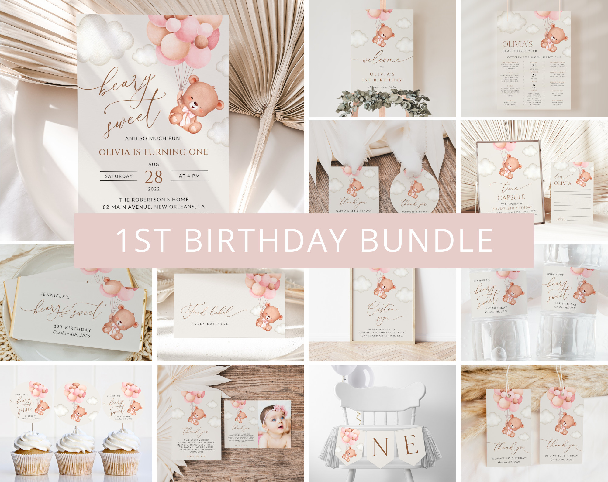 Baby Bear with Pink Balloons First Birthday Bundle, Girl Birthday, Printable File, Edit Yourself, SH74